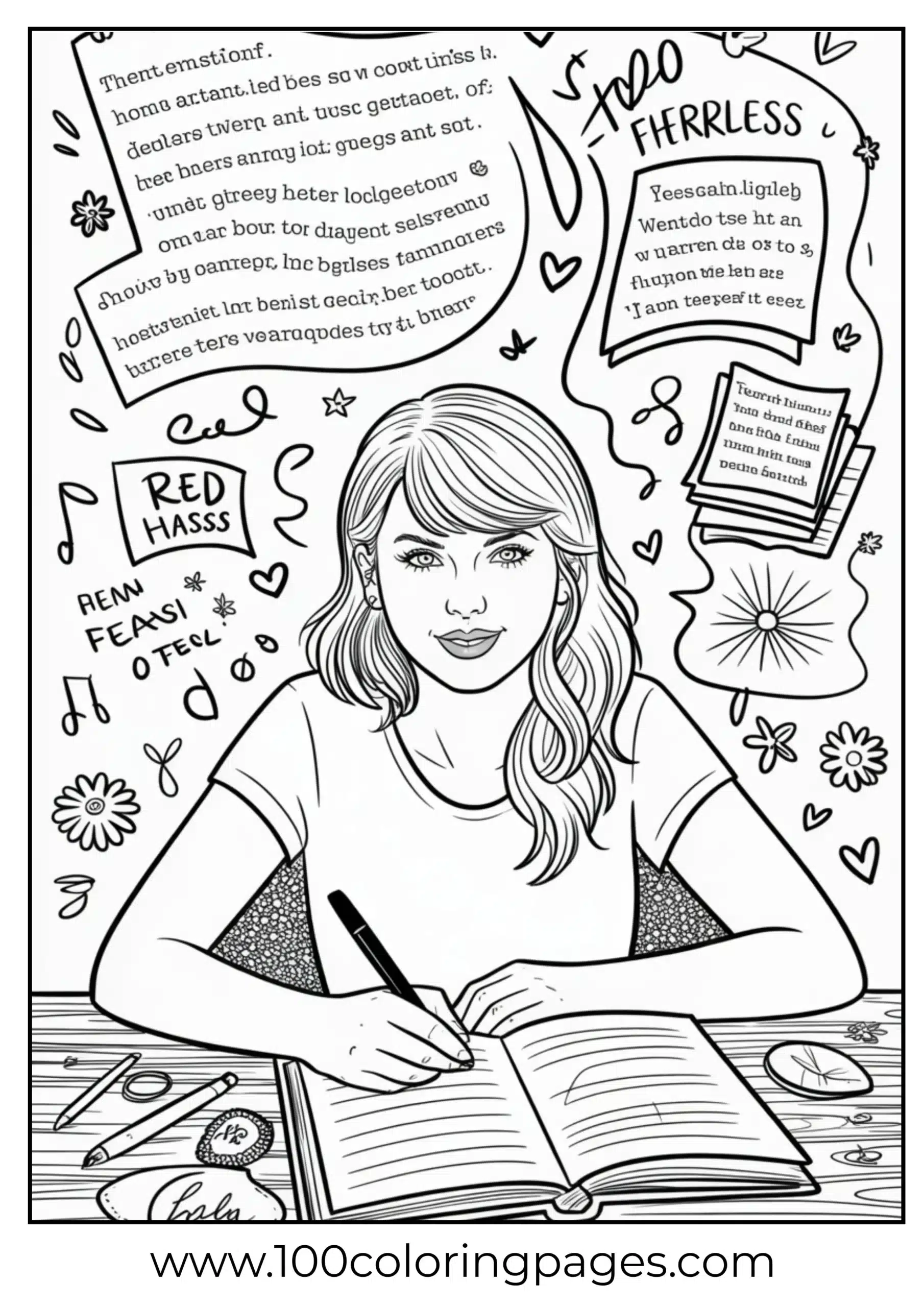 Taylor Swift writing in diary surrounded by doodles coloring page