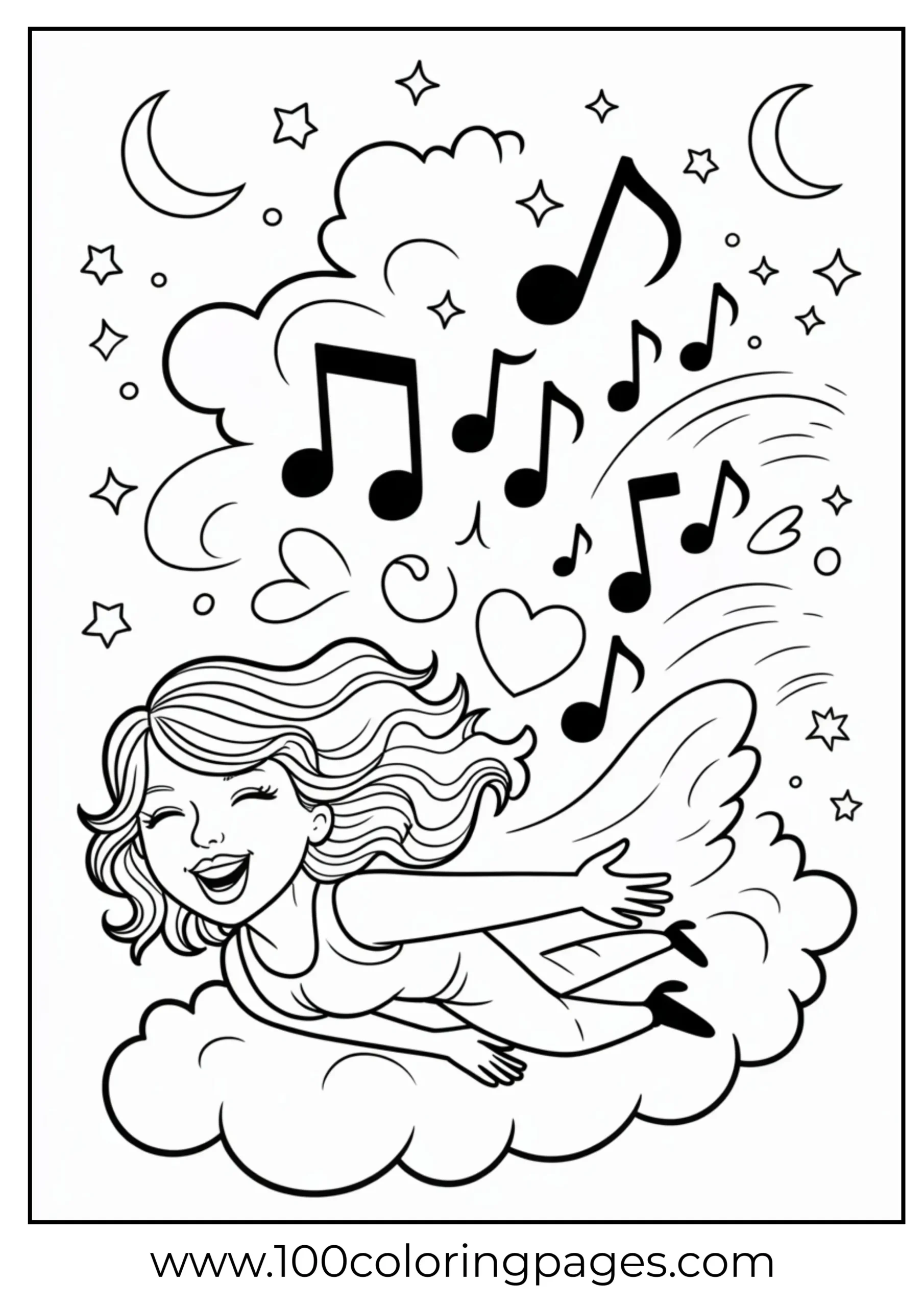 Taylor Swift flying on cloud with music notes coloring page