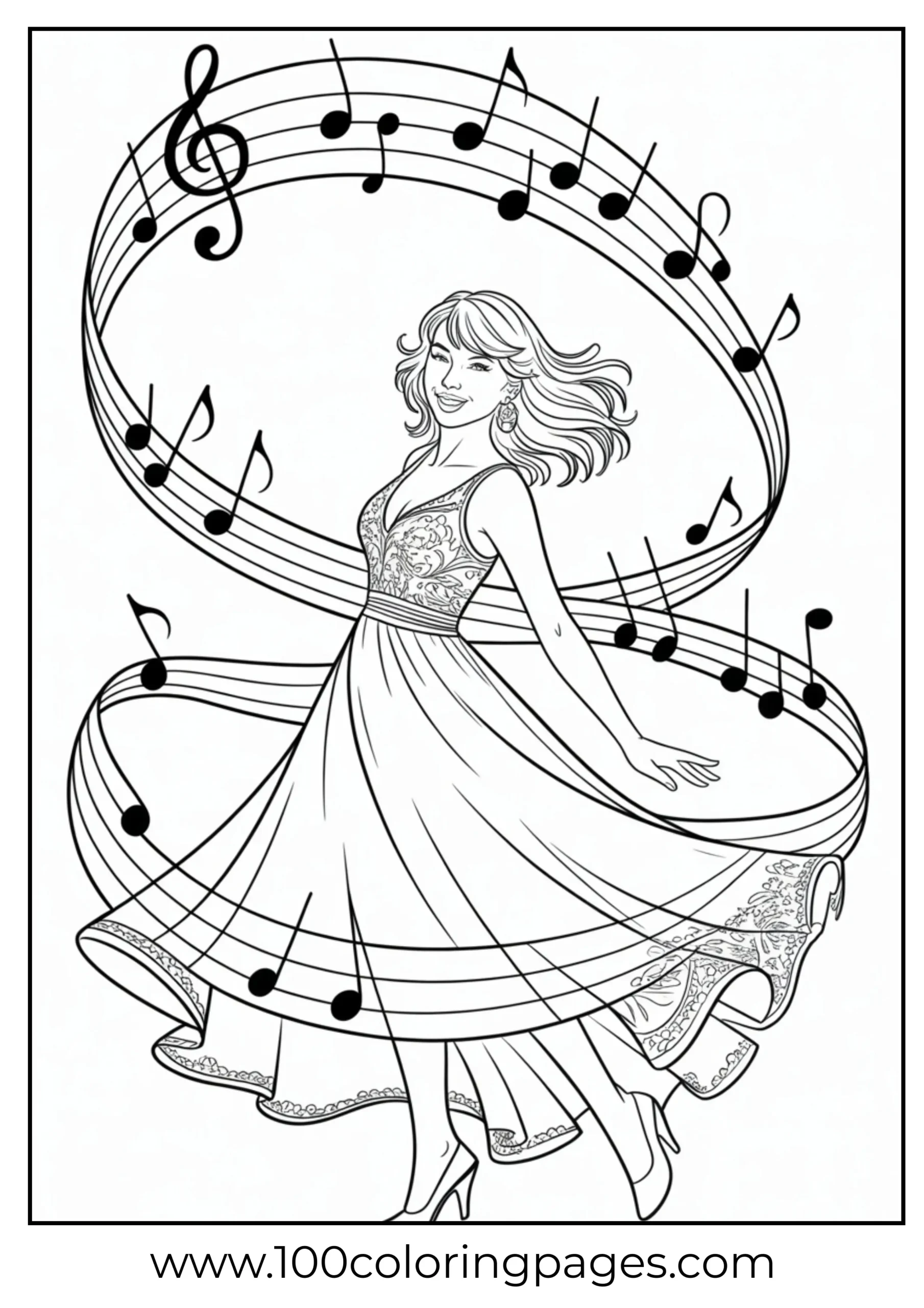 Taylor Swift dancing in flowing dress coloring page