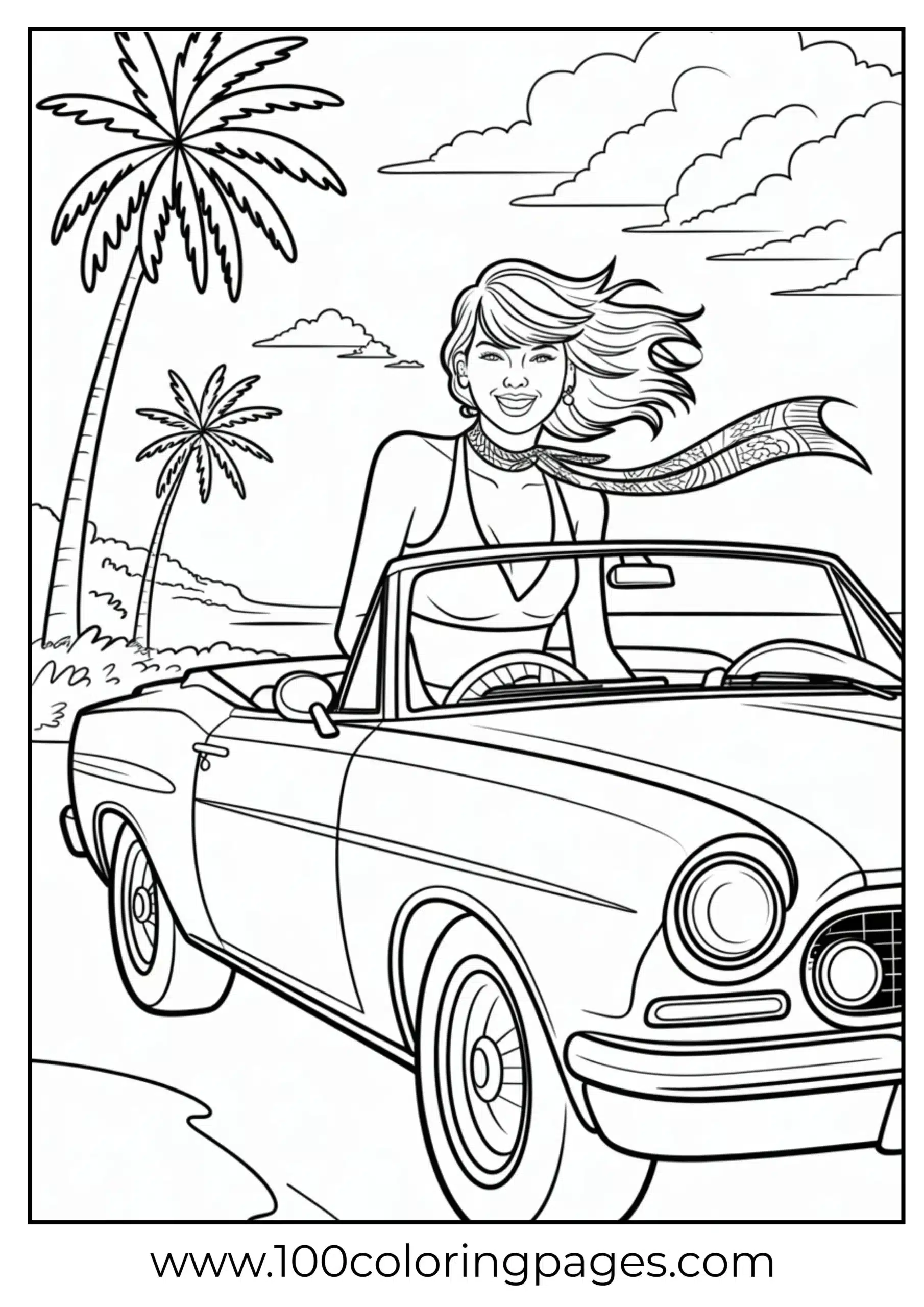 Taylor Swift in classic car with scarf flying coloring page