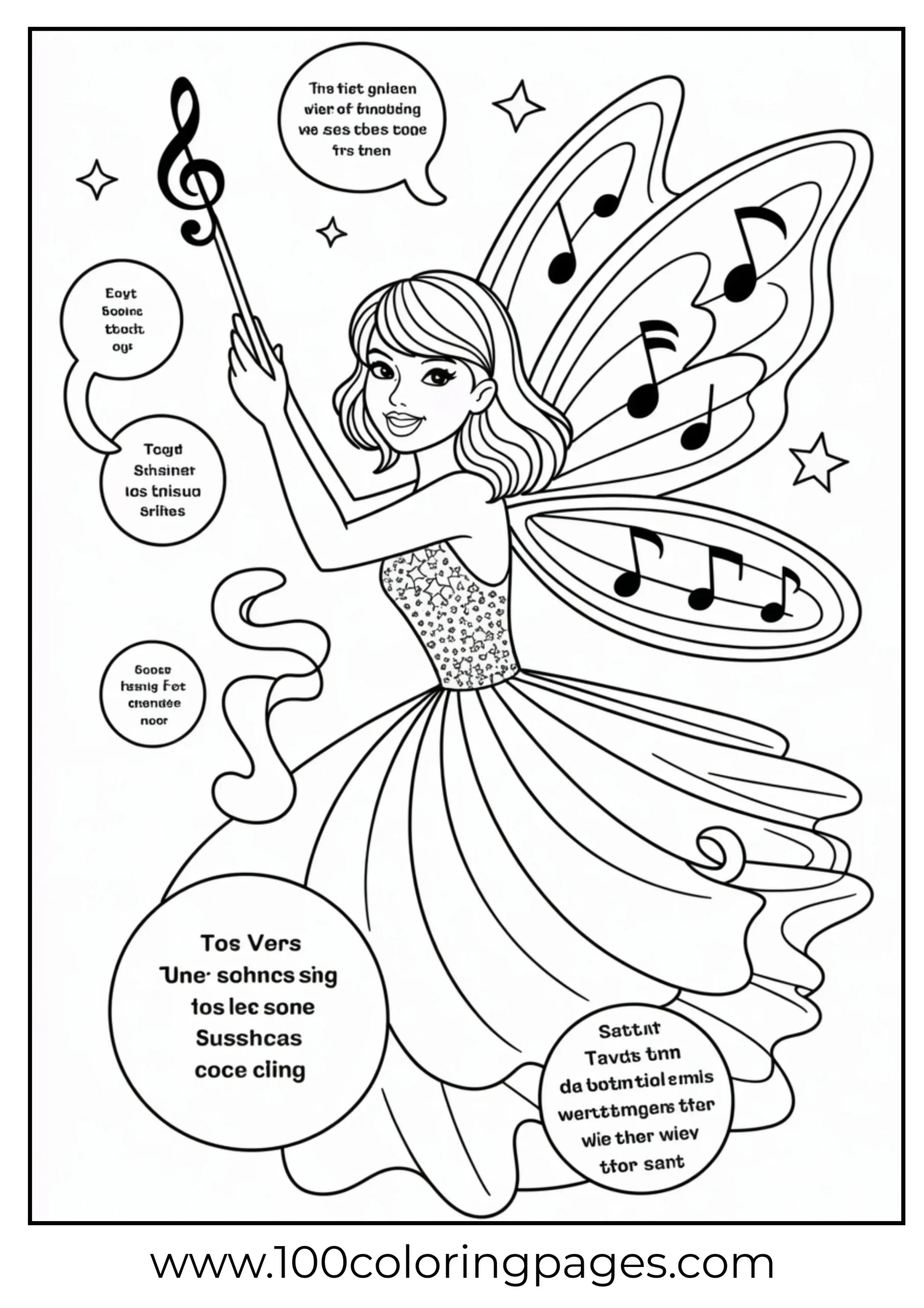 Taylor Swift as fairy with wings and wand coloring page