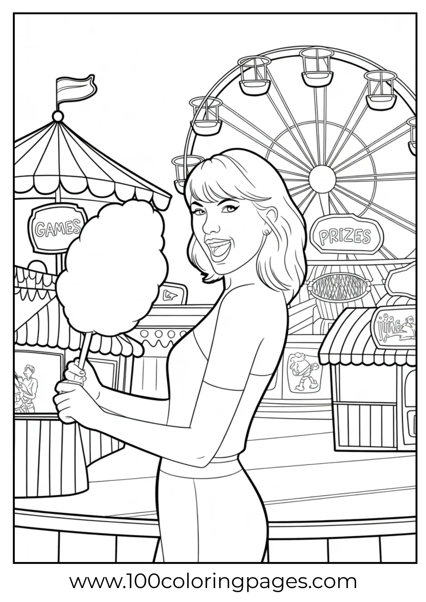 Taylor Swift with cotton candy at fair coloring page