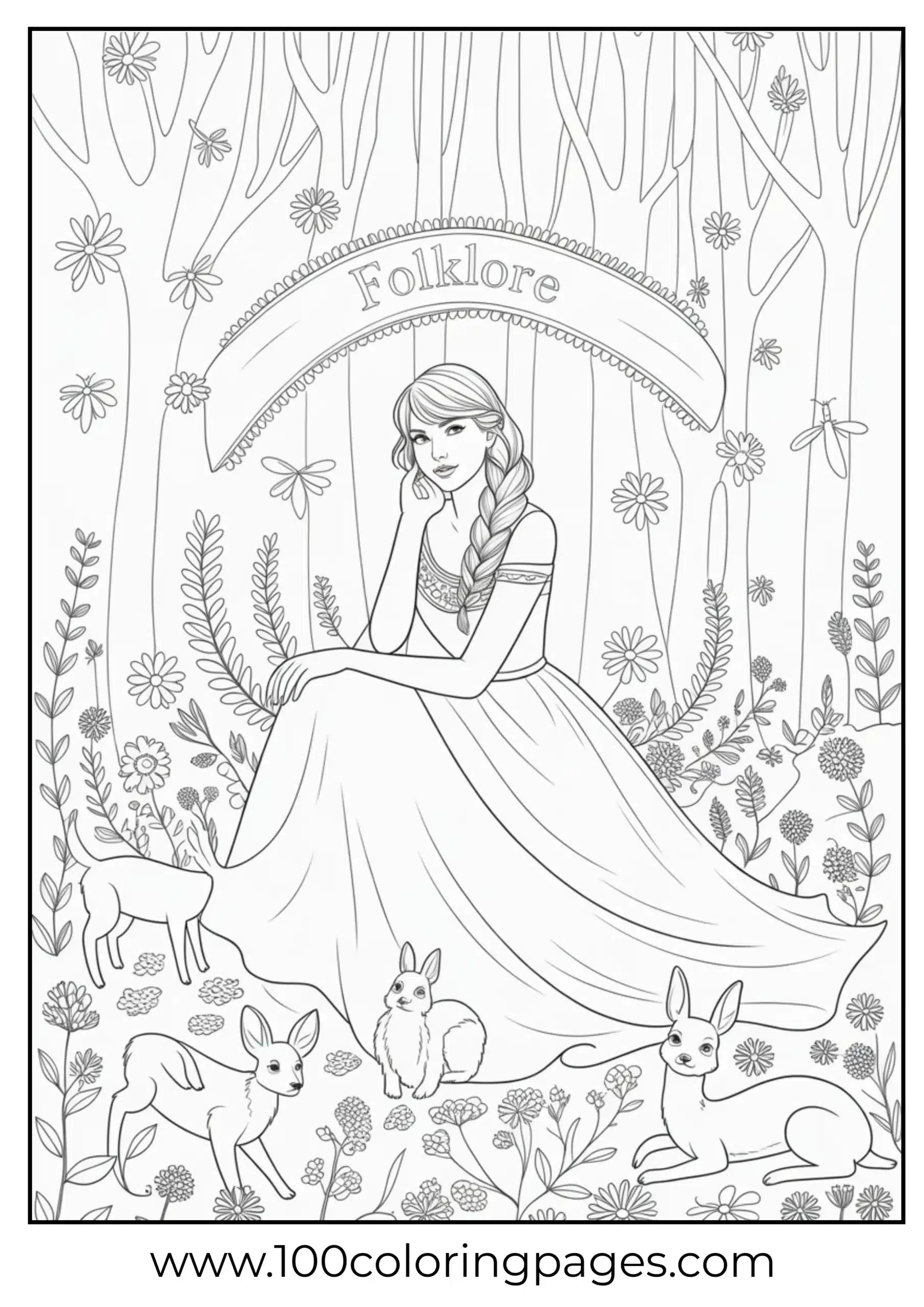 Taylor Swift with forest animals coloring page