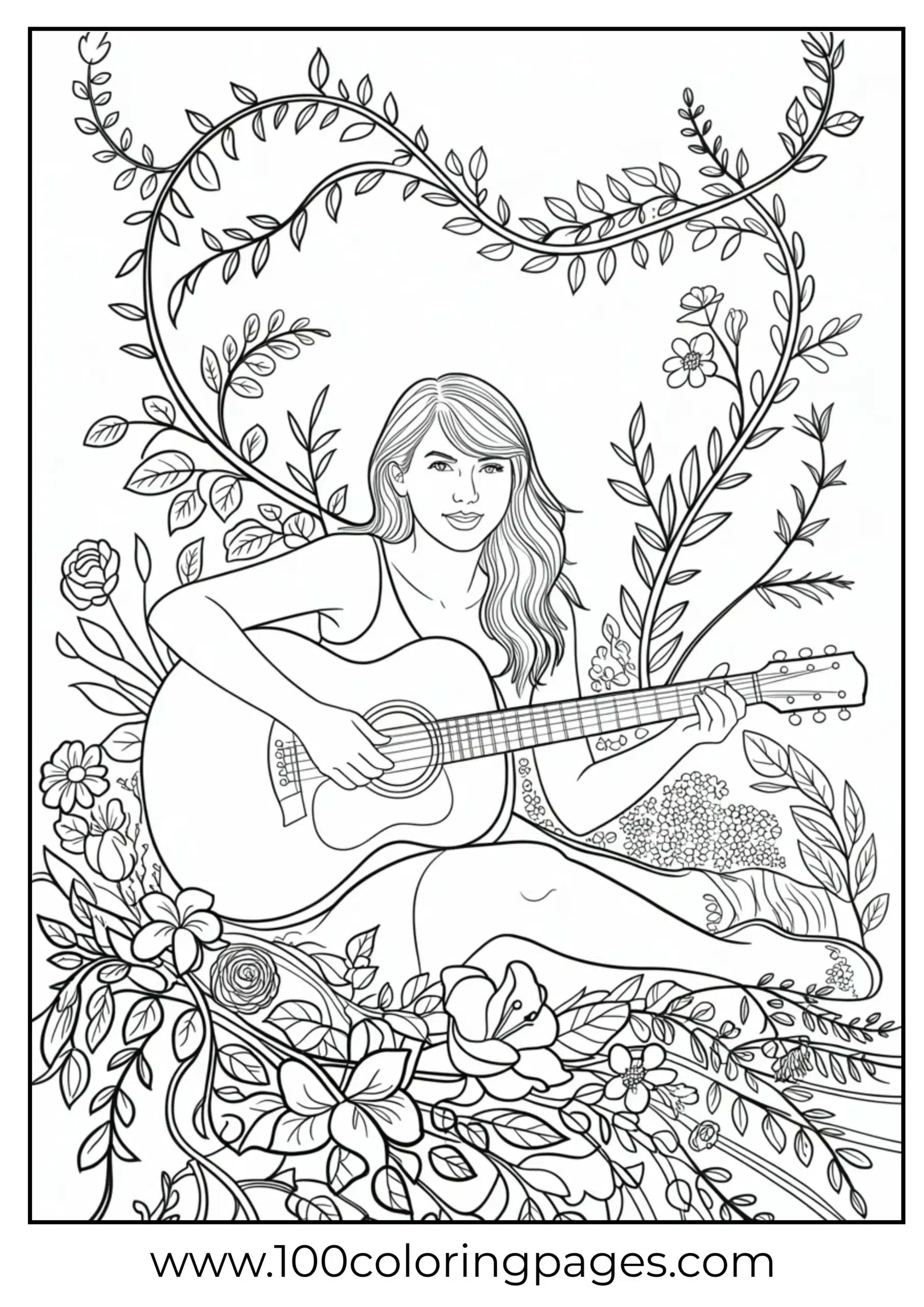 Taylor Swift with guitar and floral motif coloring page