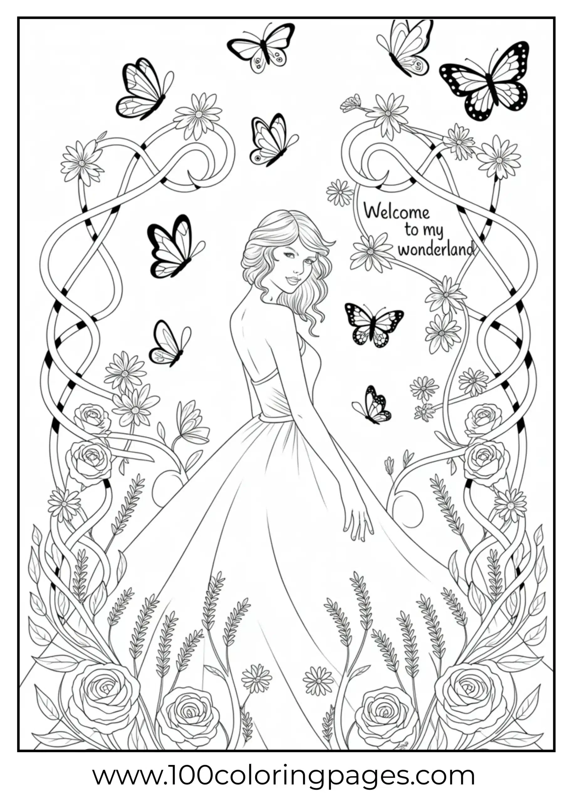 Taylor Swift in garden with butterflies coloring page