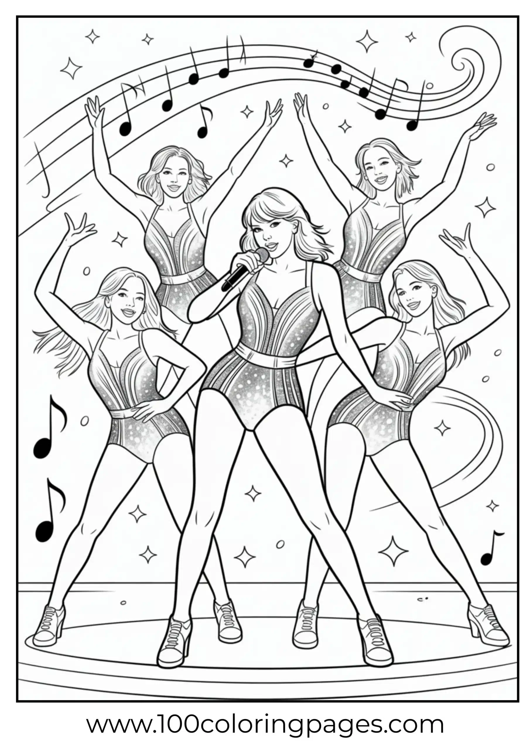 Taylor Swift with dancers on stage coloring page
