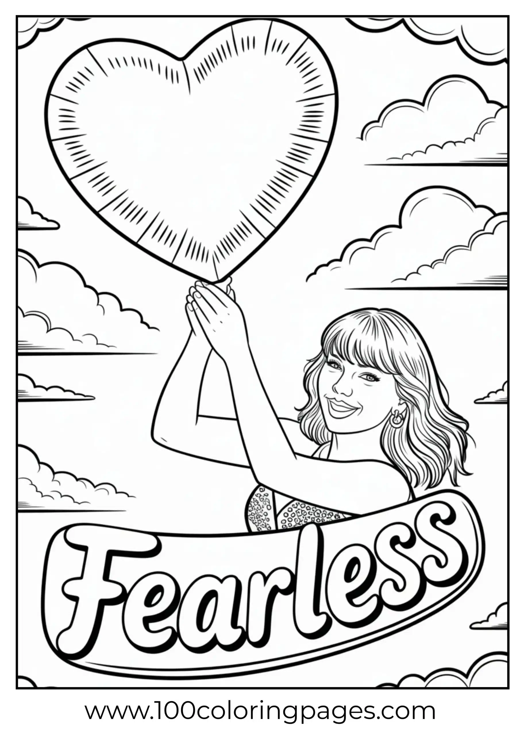 Taylor Swift with heart balloon in sky coloring page