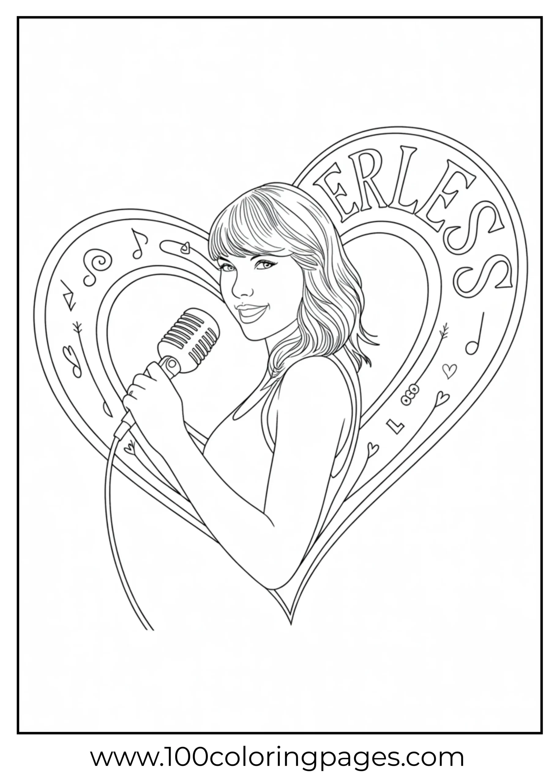 Taylor Swift in heart holding mic coloring page