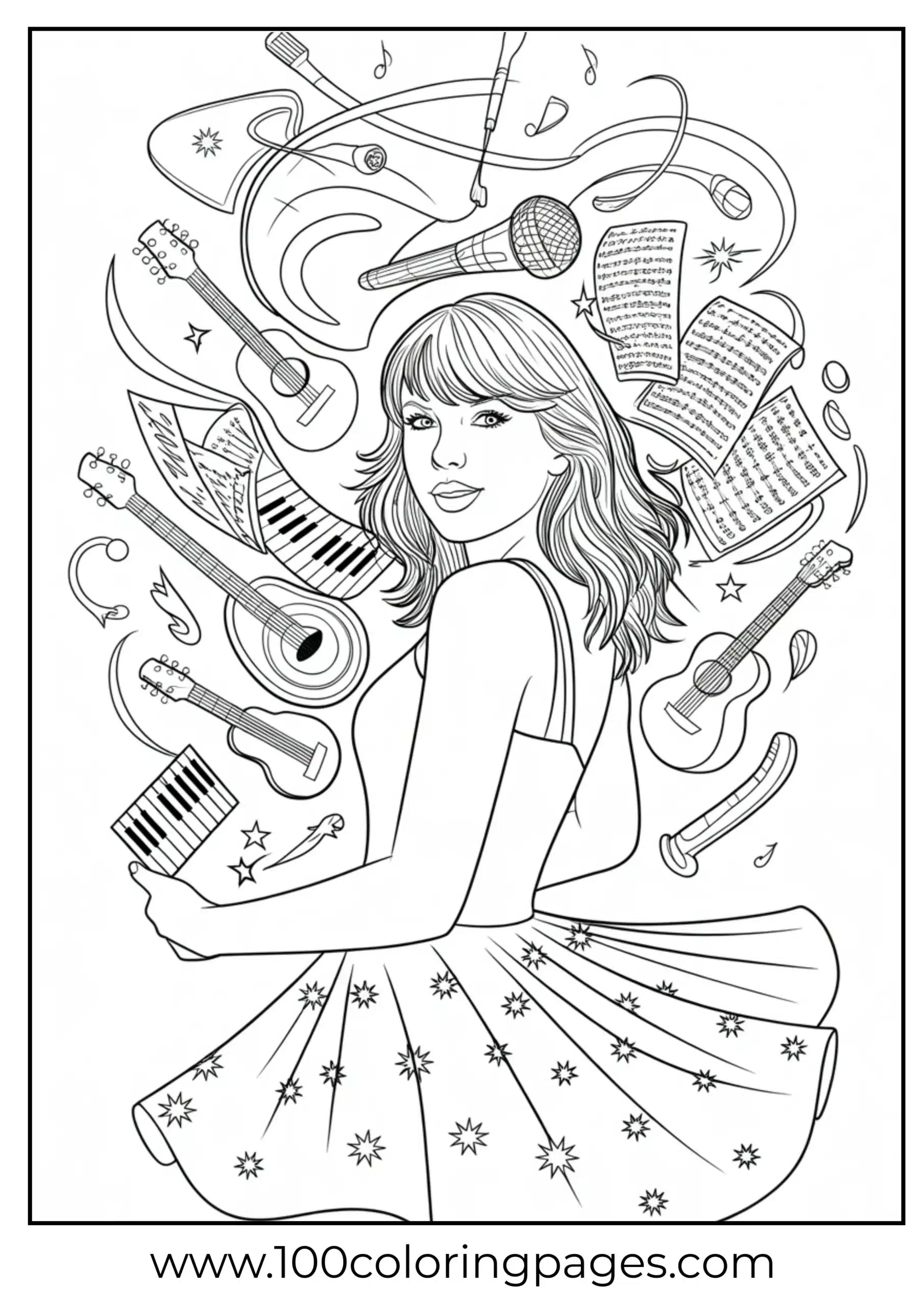 Taylor Swift with musical instruments floating coloring page
