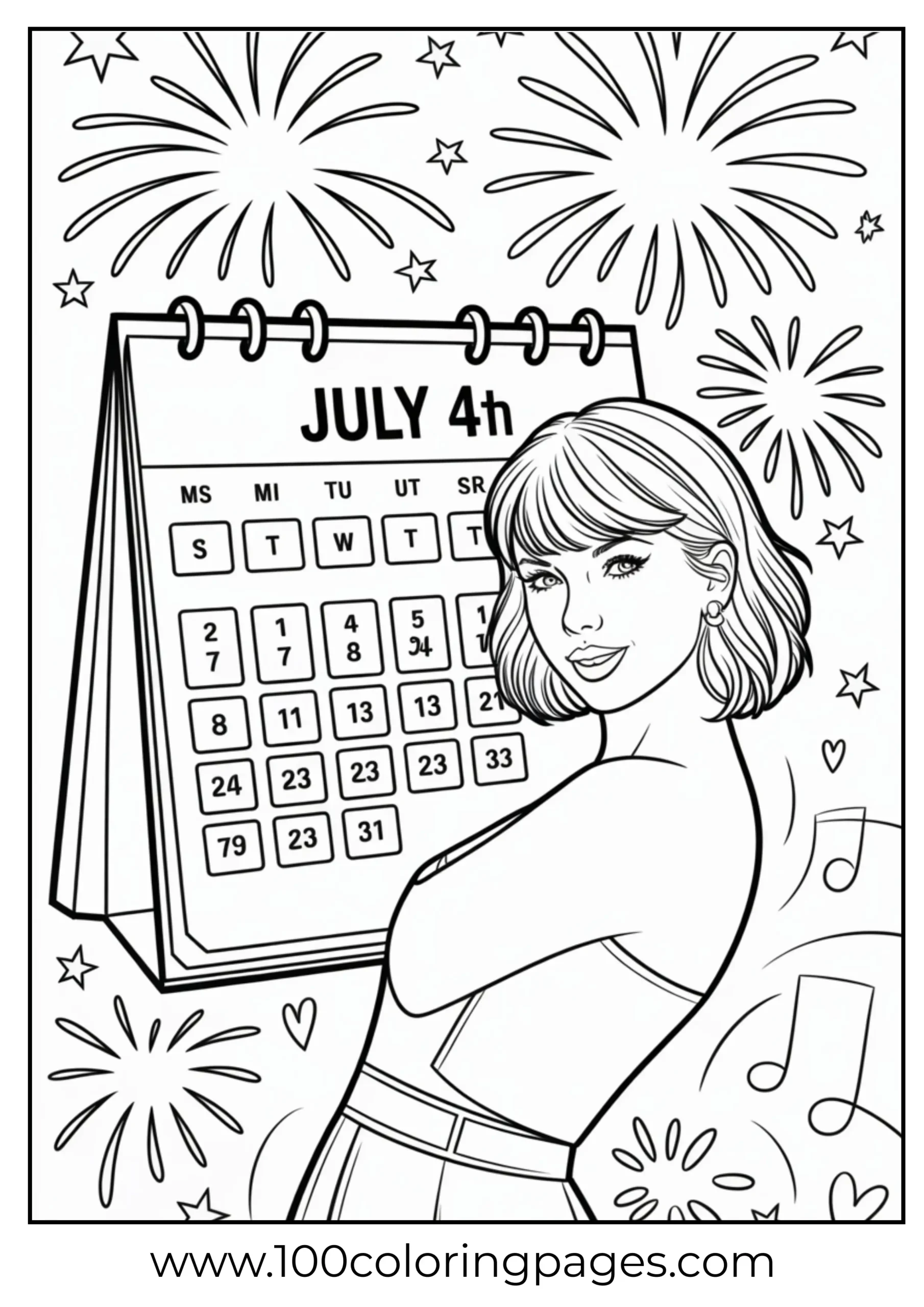 Taylor Swift with fireworks and July calendar coloring page