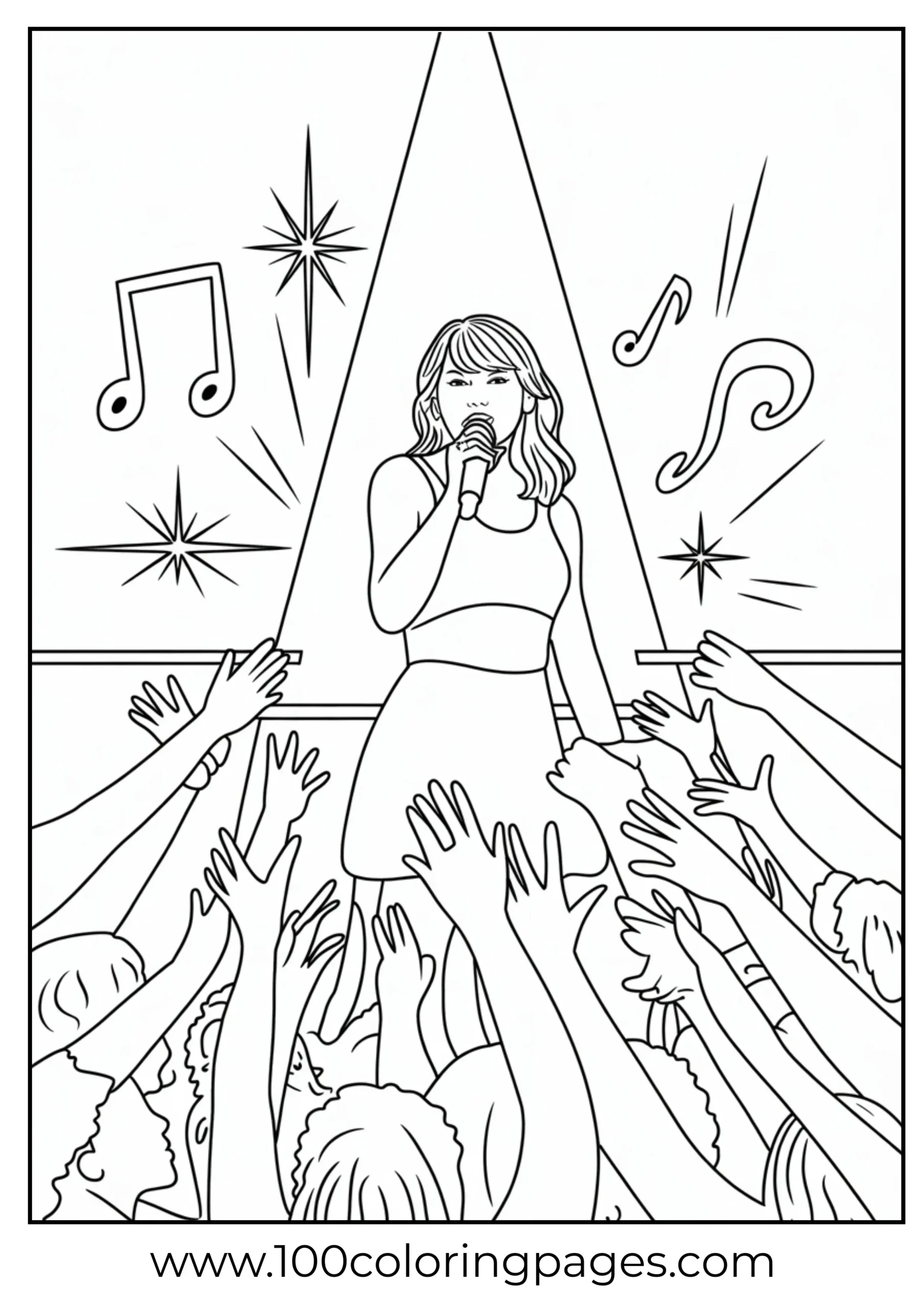 Taylor Swift performing live with fans reaching out coloring page