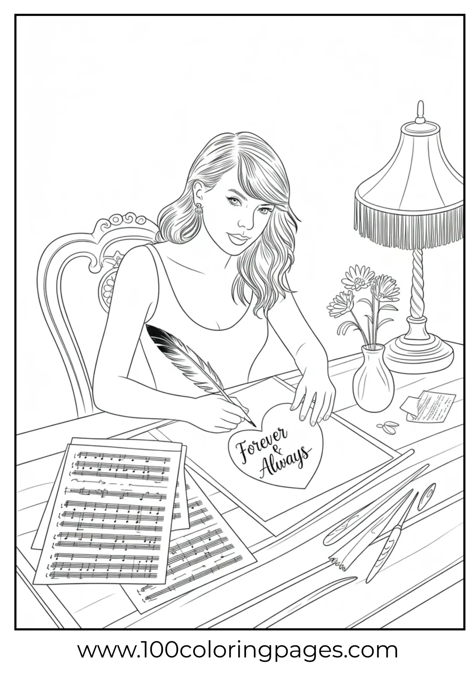 Taylor Swift writing heart-shaped love letter coloring page