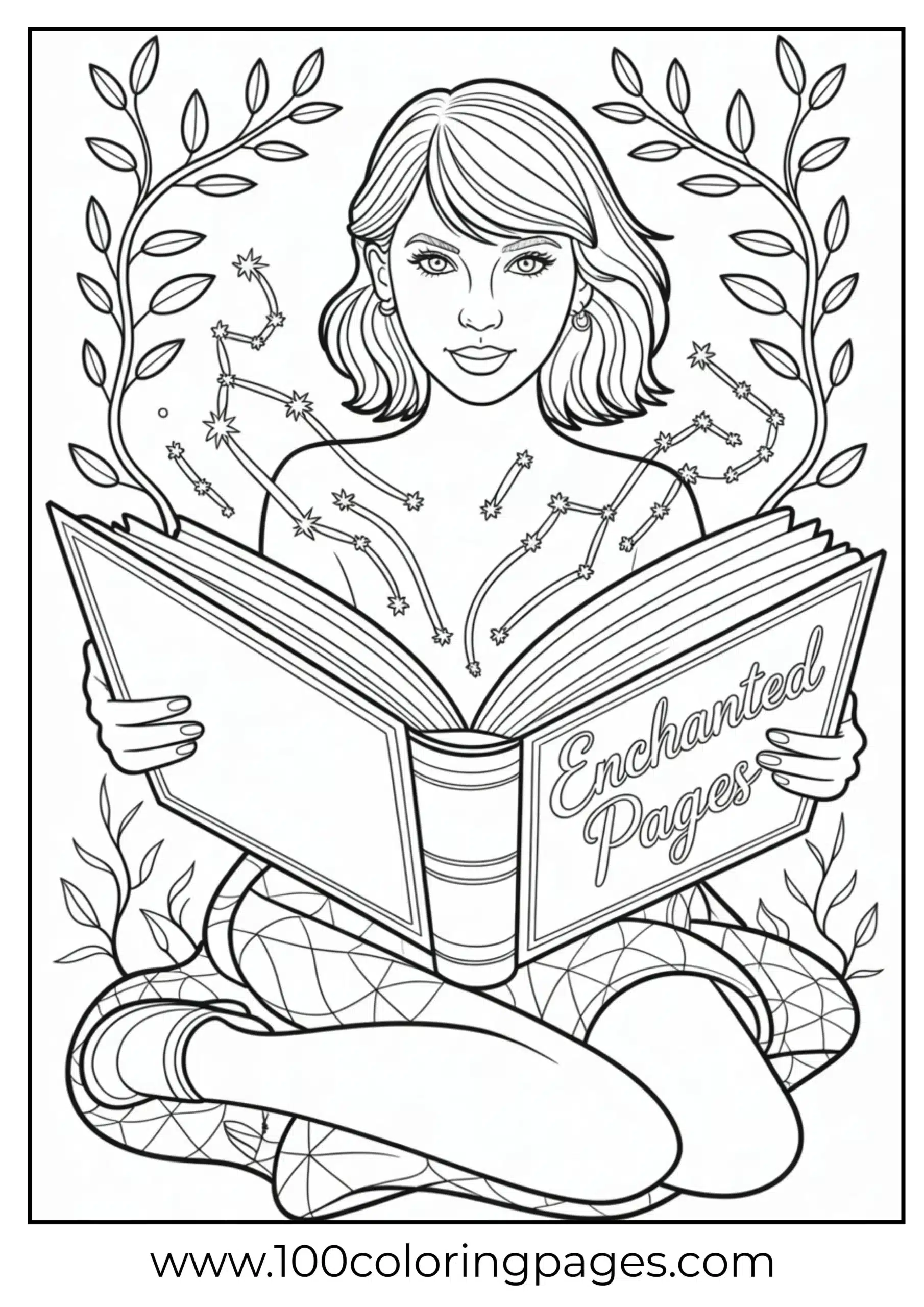 Taylor Swift reading glowing magical book coloring page