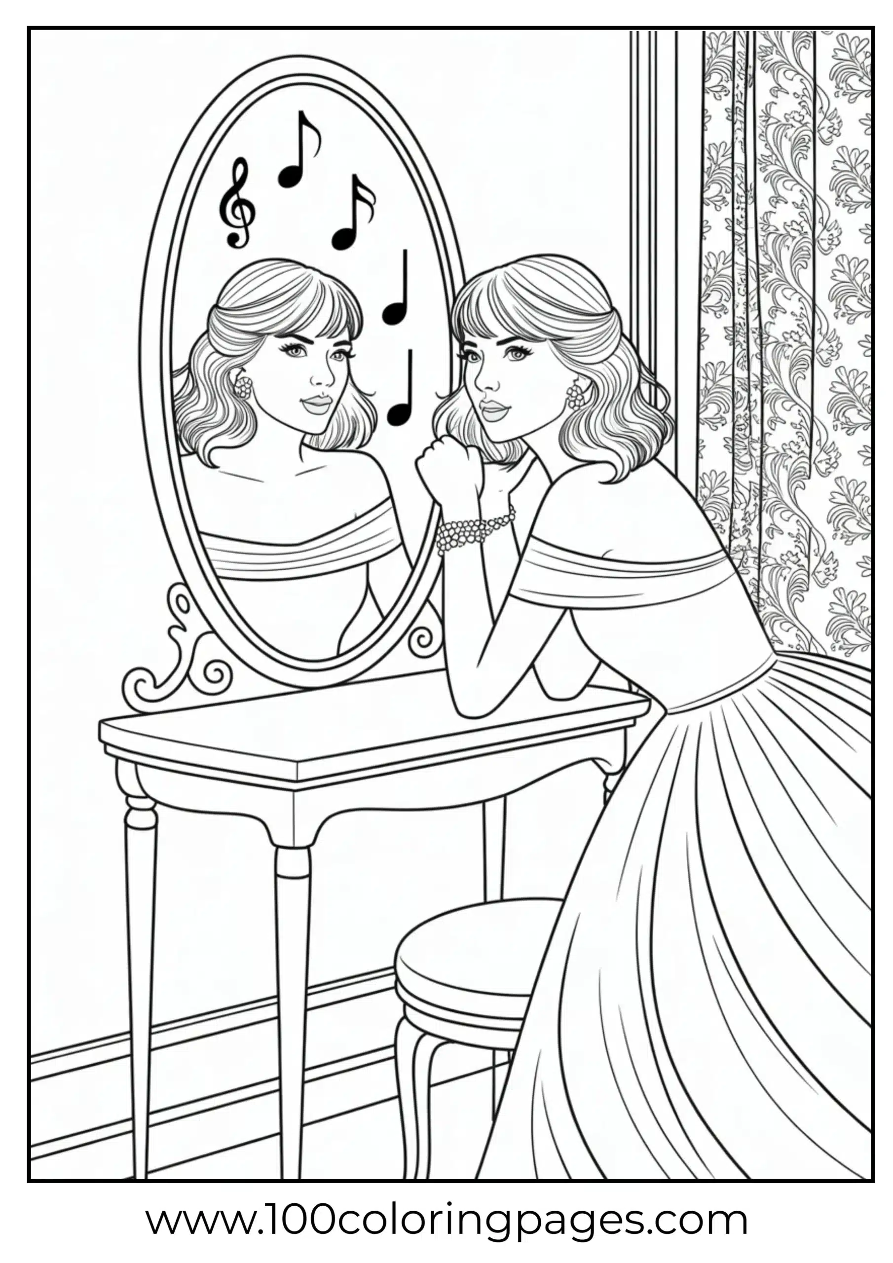 Taylor Swift looking into music note mirror coloring page