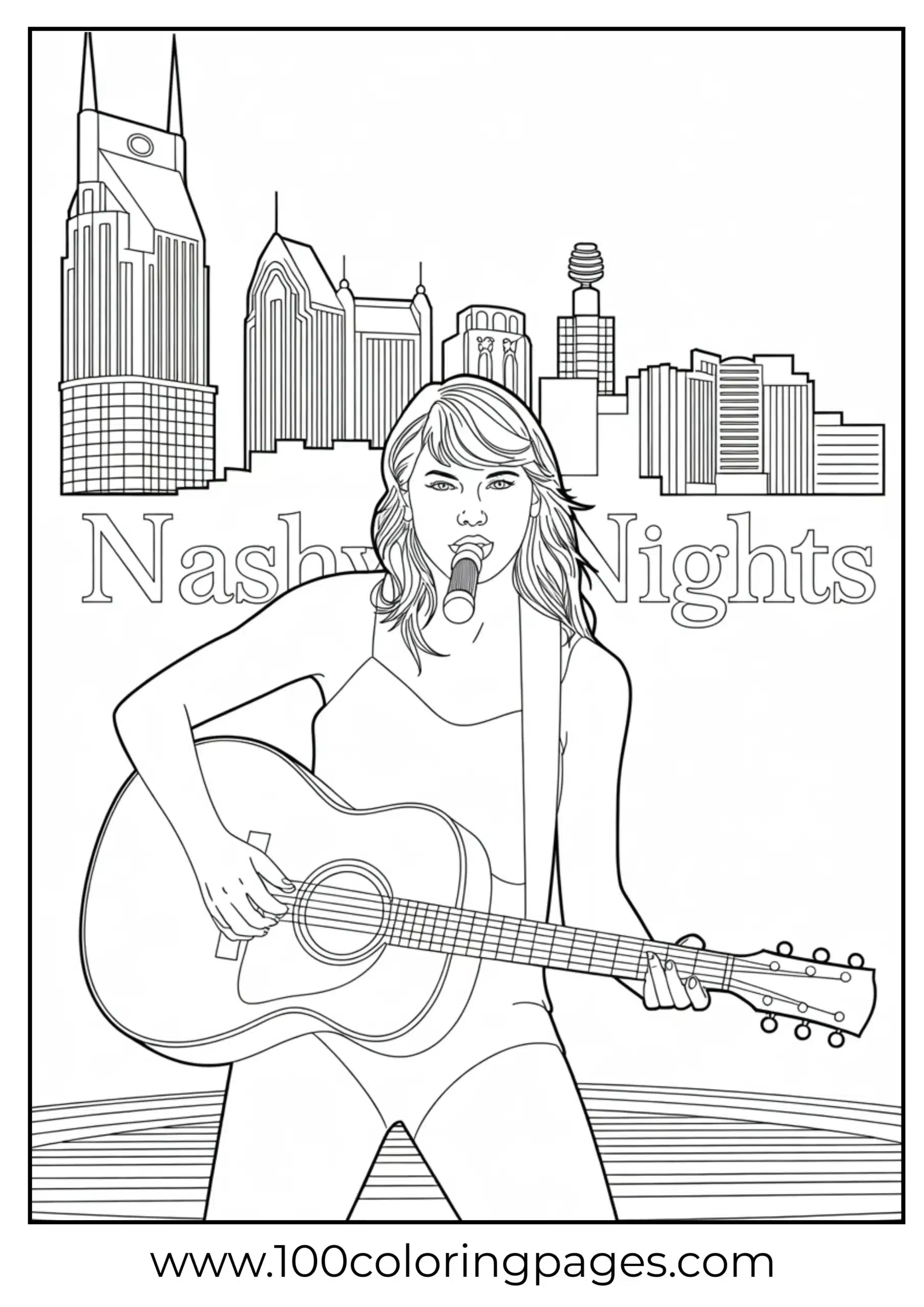 Taylor Swift with Nashville skyline and guitar coloring page