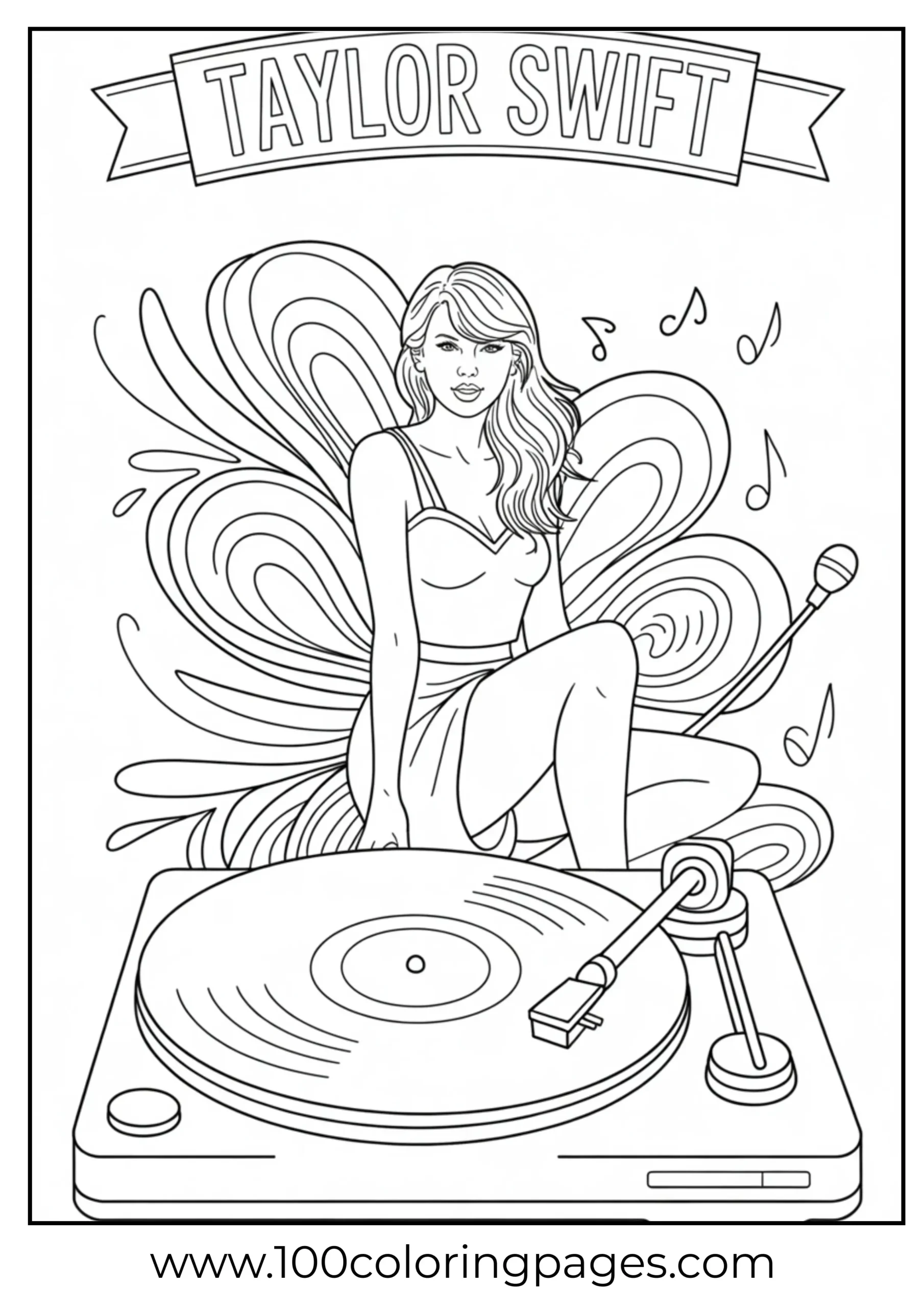 Taylor Swift sitting on vinyl record player coloring page