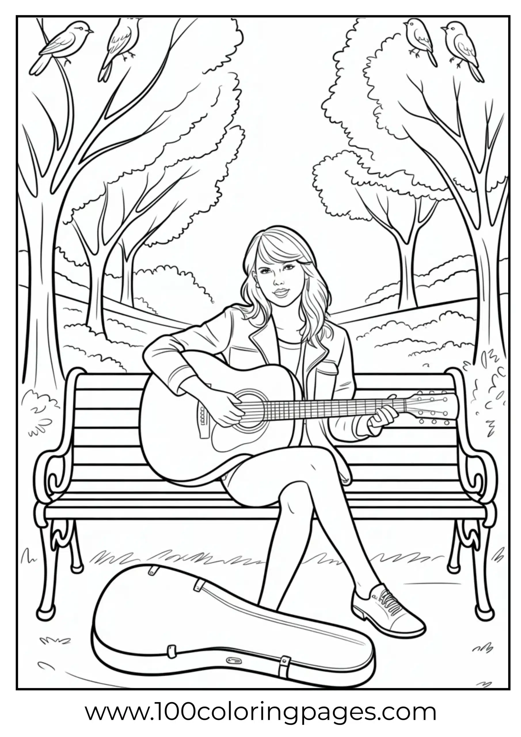 Taylor Swift sitting on bench with guitar case coloring page