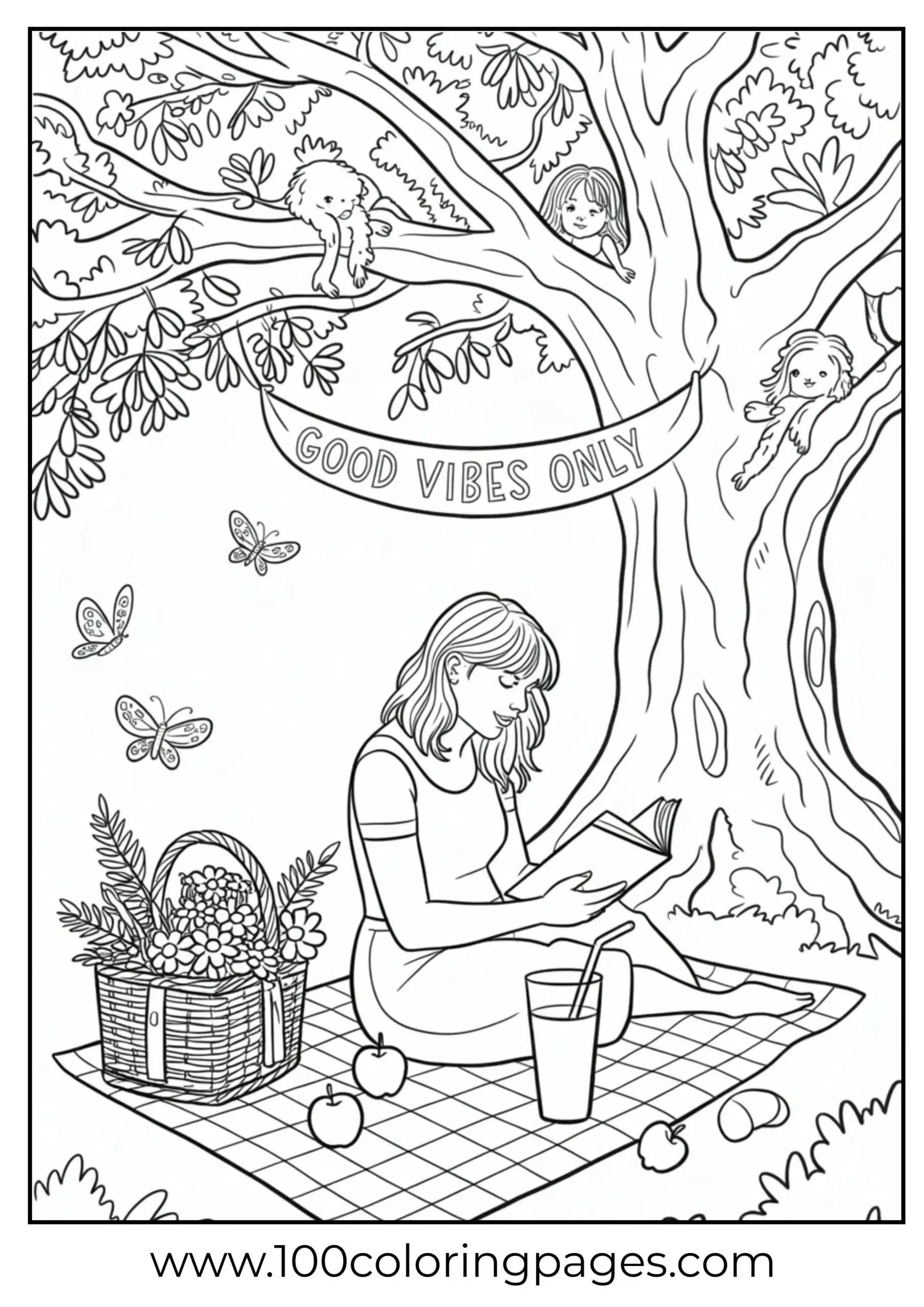 Taylor Swift reading outside with picnic setup coloring page