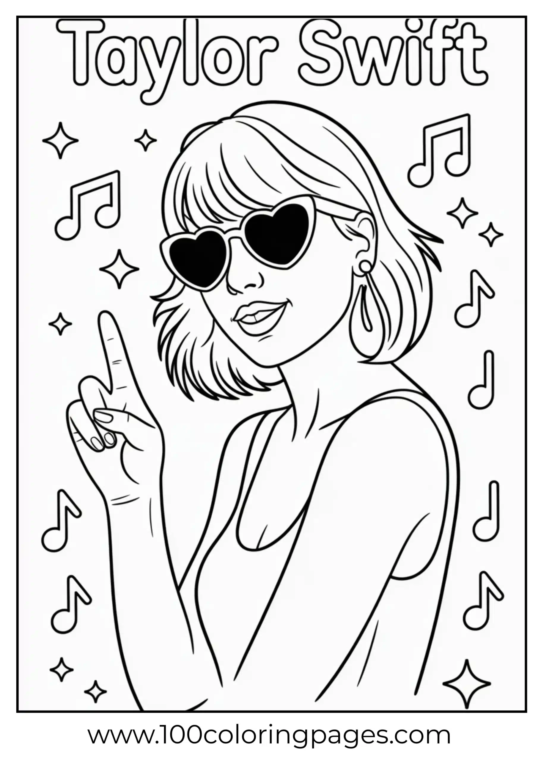 Taylor Swift with heart glasses making peace sign coloring page