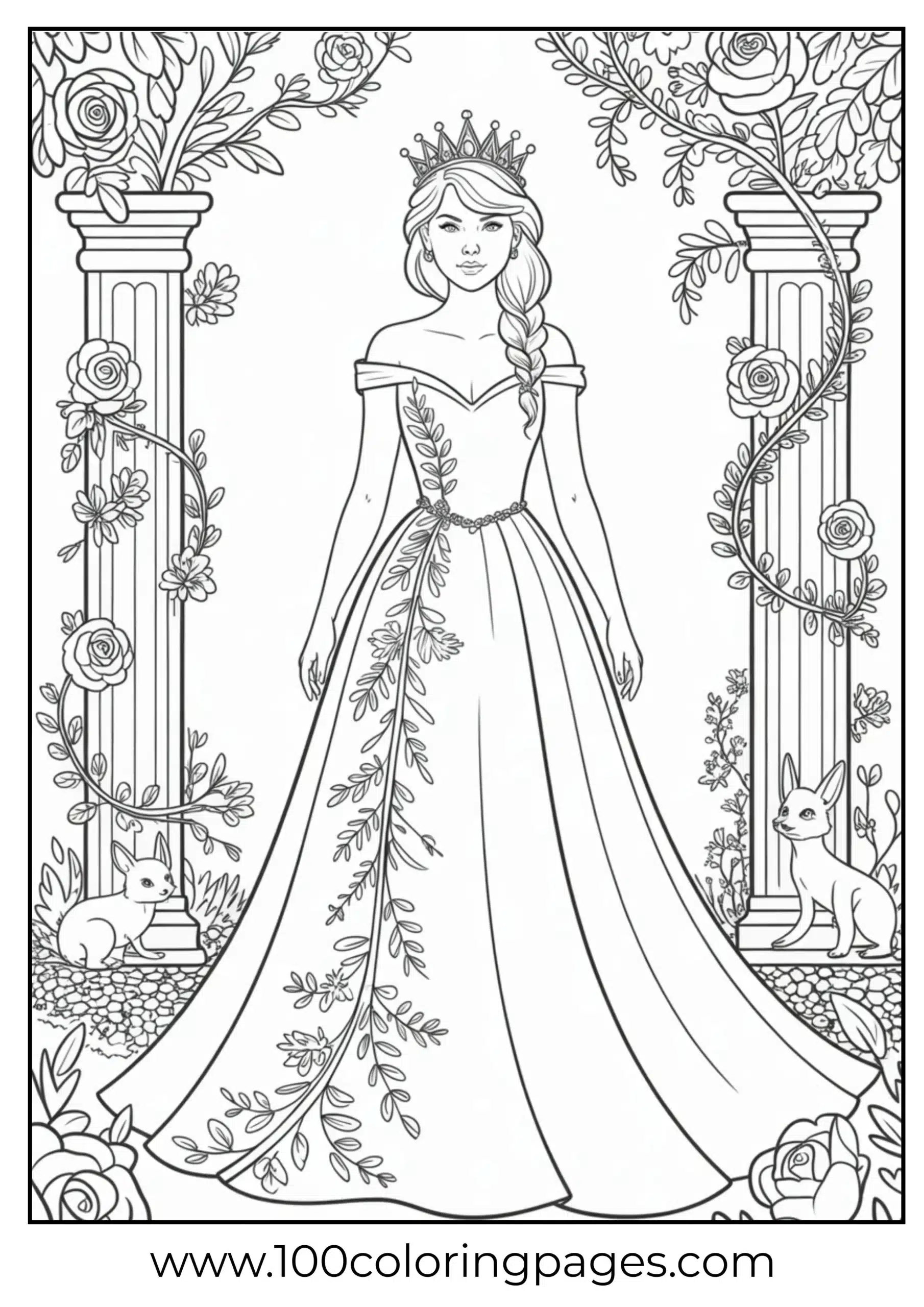 Taylor Swift with crown and regal dress coloring page