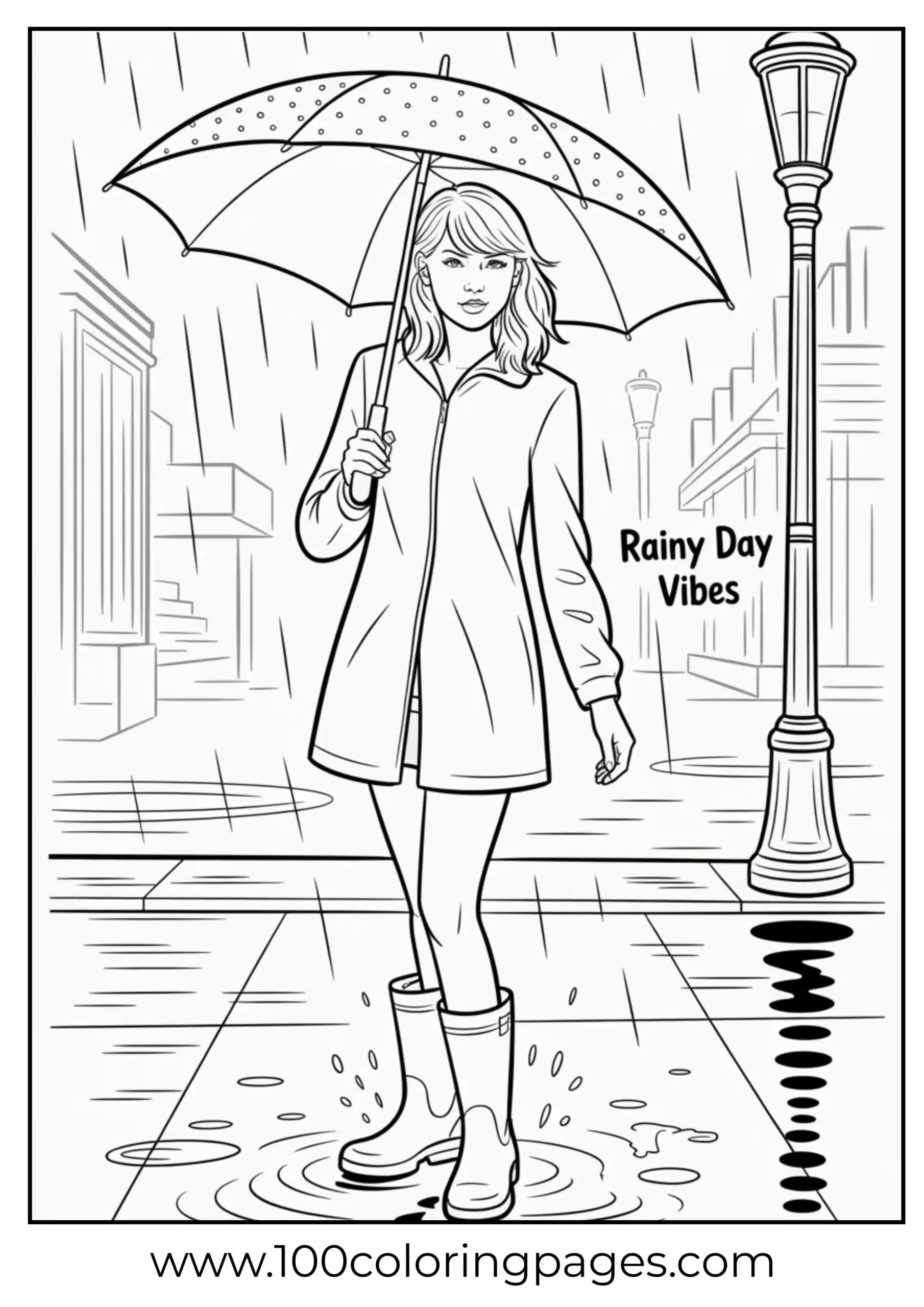 Taylor Swift with umbrella in rain coloring page