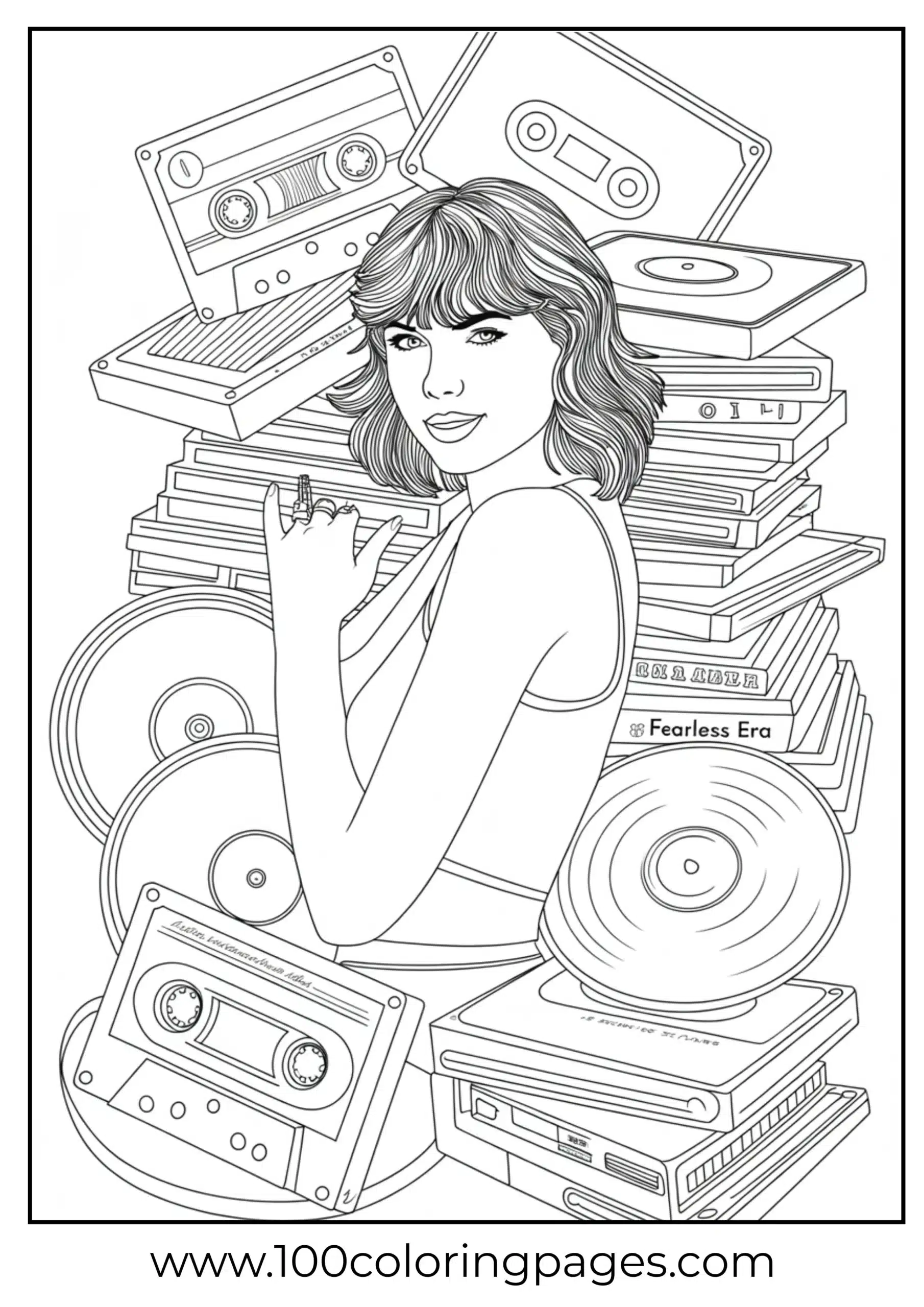 Taylor Swift with vinyl and tapes coloring page
