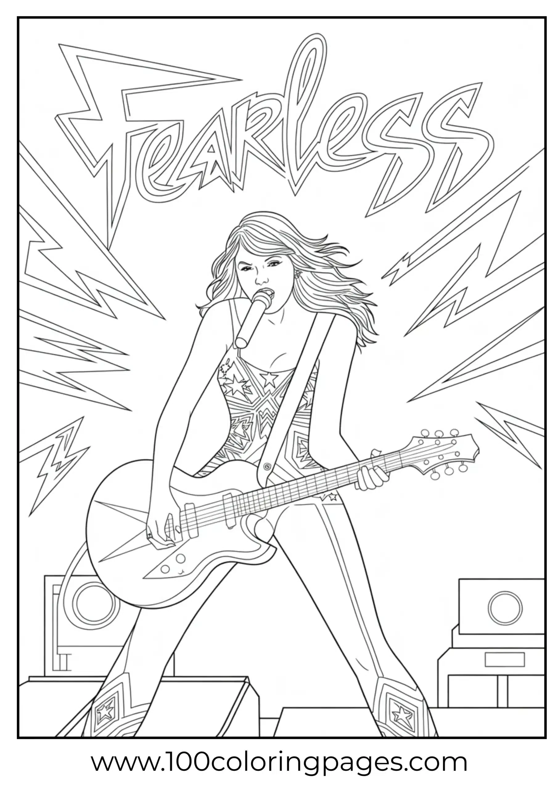 Taylor Swift with electric guitar and lightning outline coloring page