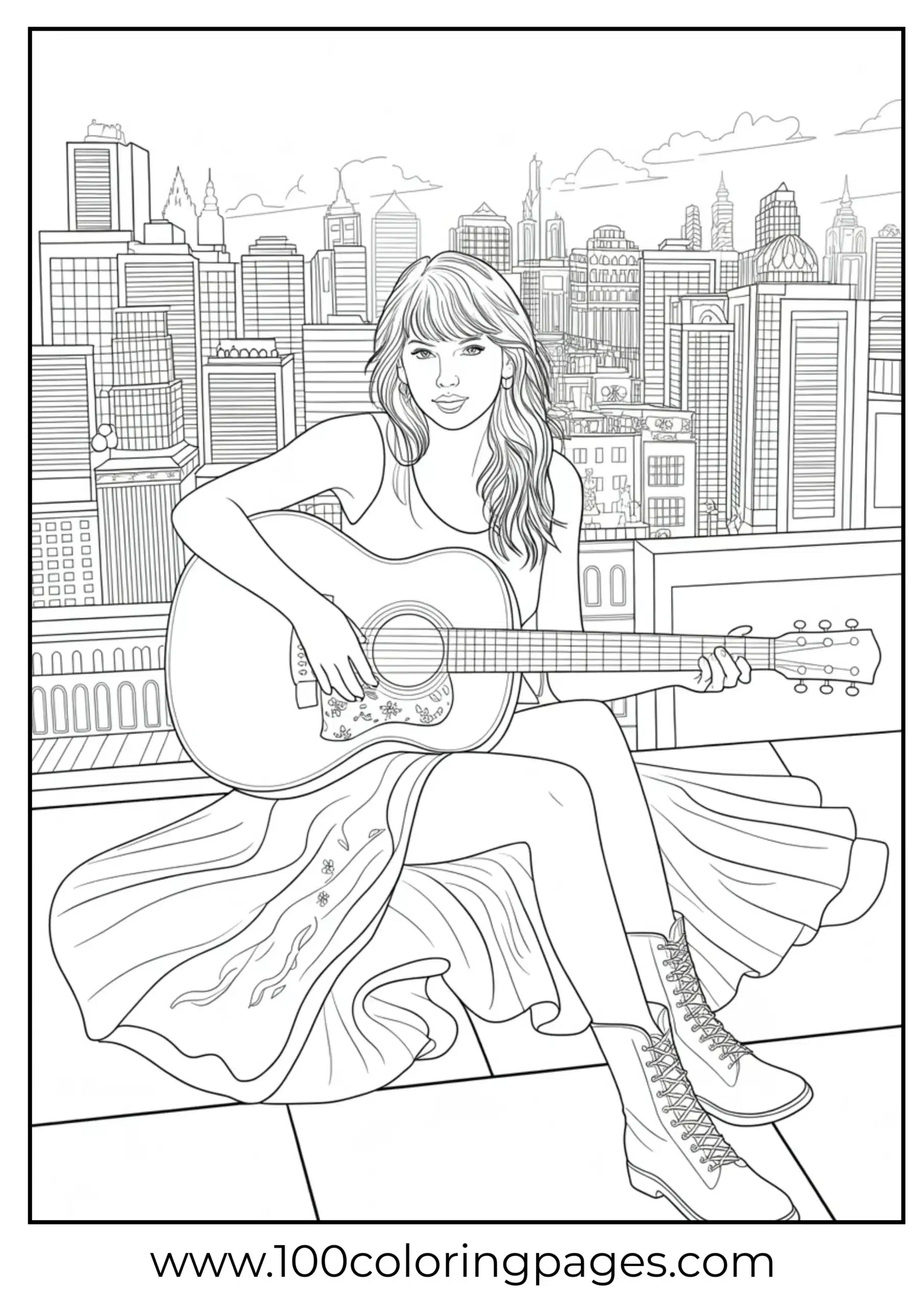 Taylor Swift with guitar on rooftop coloring page