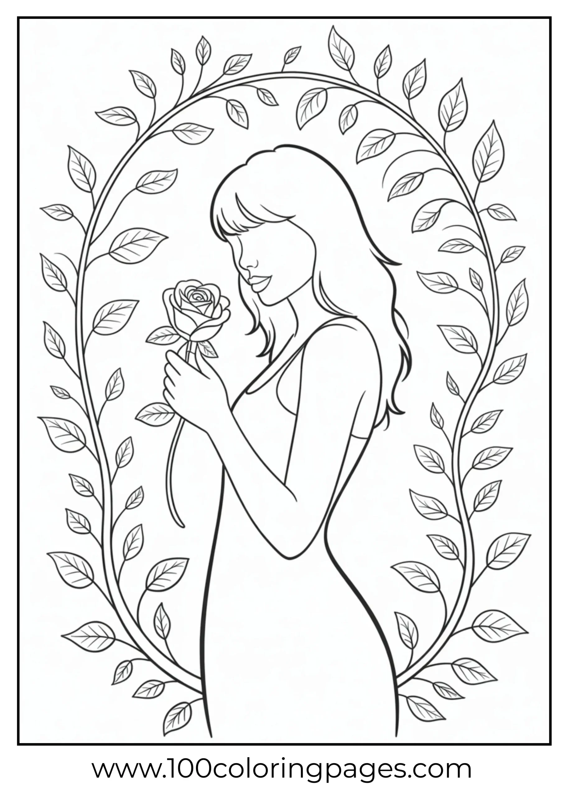 Taylor Swift holding rose in silhouette coloring page