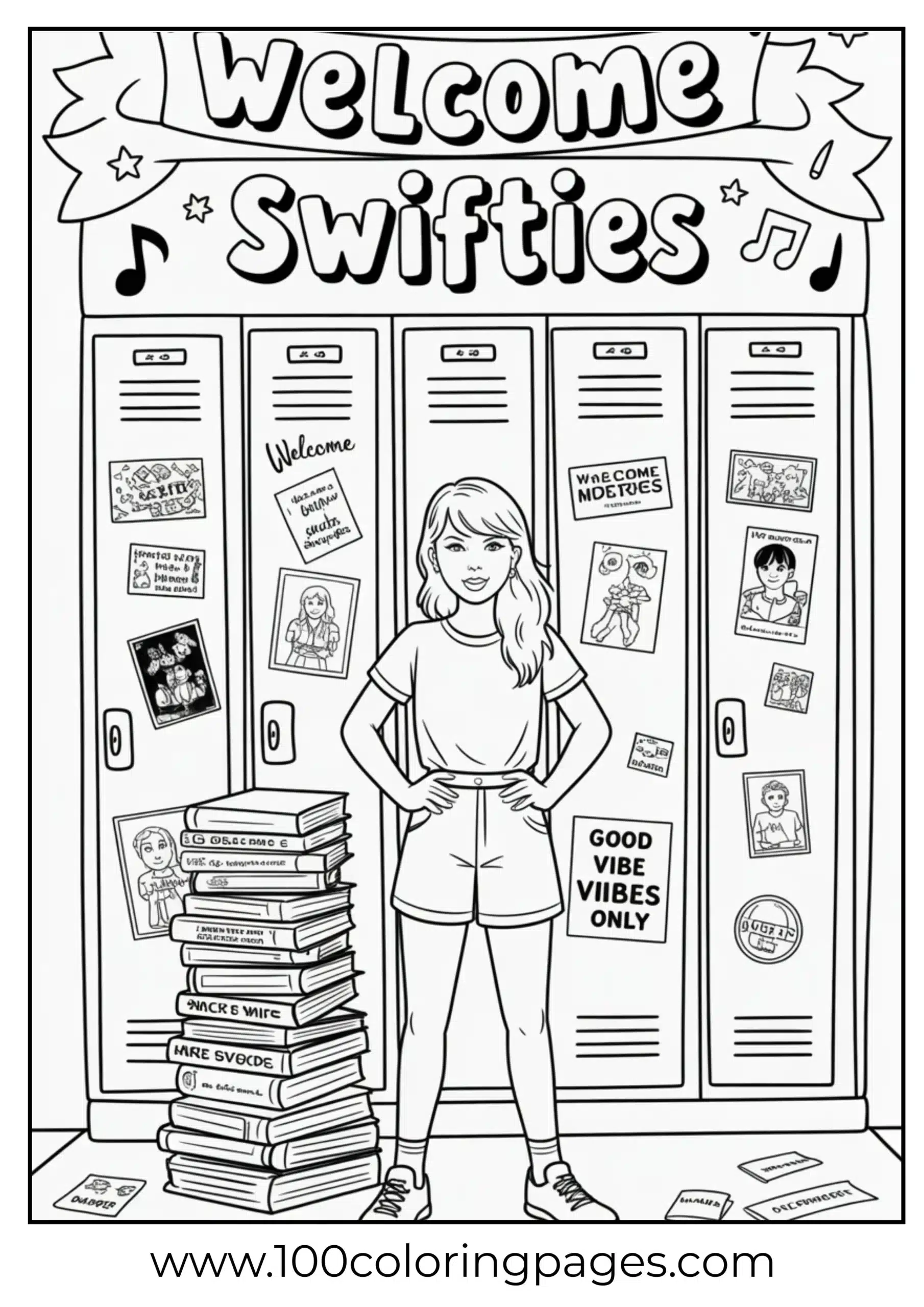 Taylor Swift at school locker with music notes coloring page