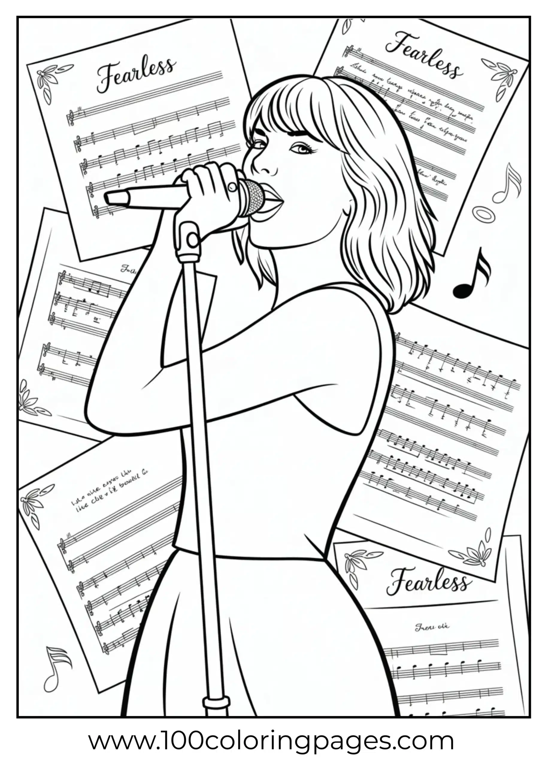 Taylor Swift with music sheets and mic coloring page
