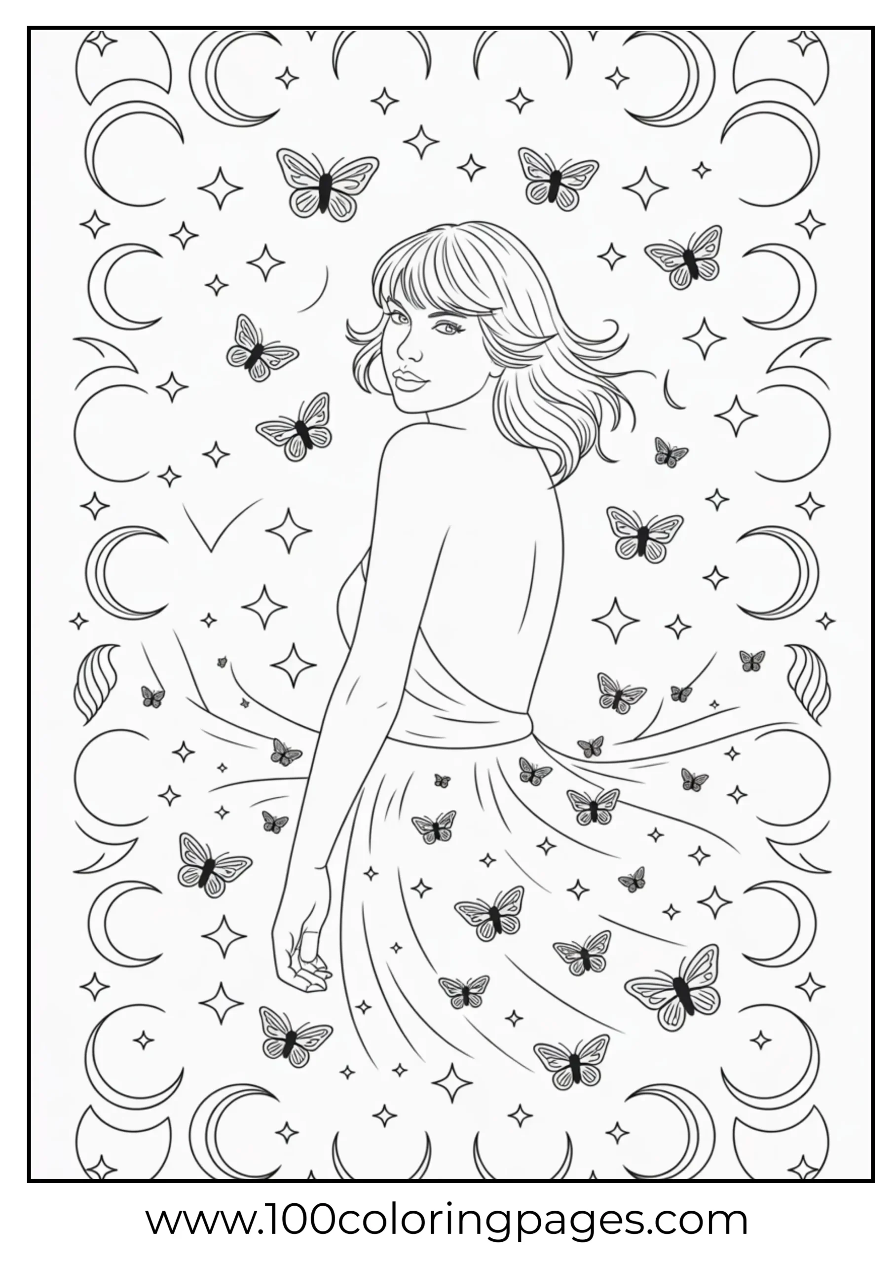 Taylor Swift silhouette with stars and butterflies coloring page