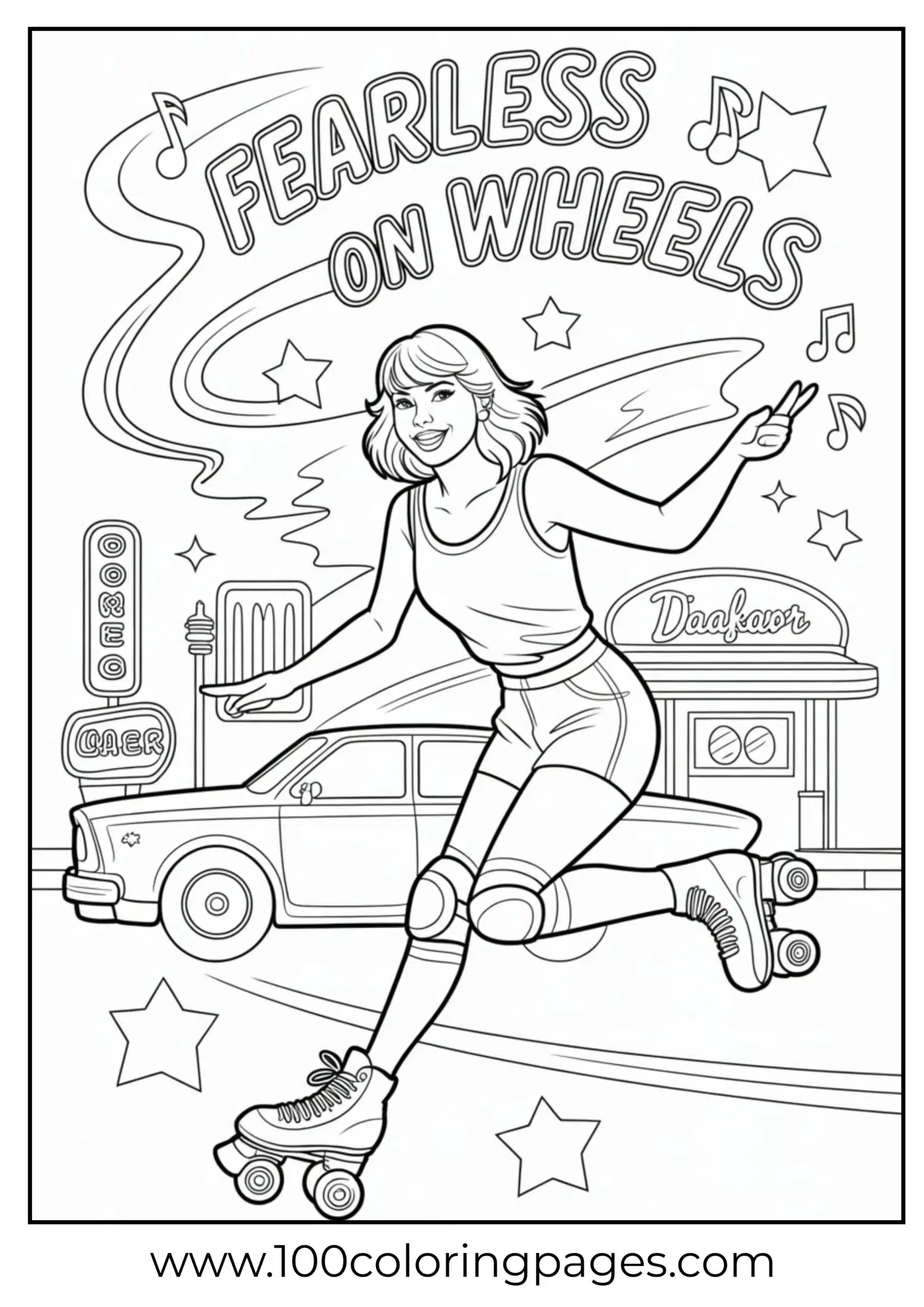 Taylor Swift roller skating with stars coloring page
