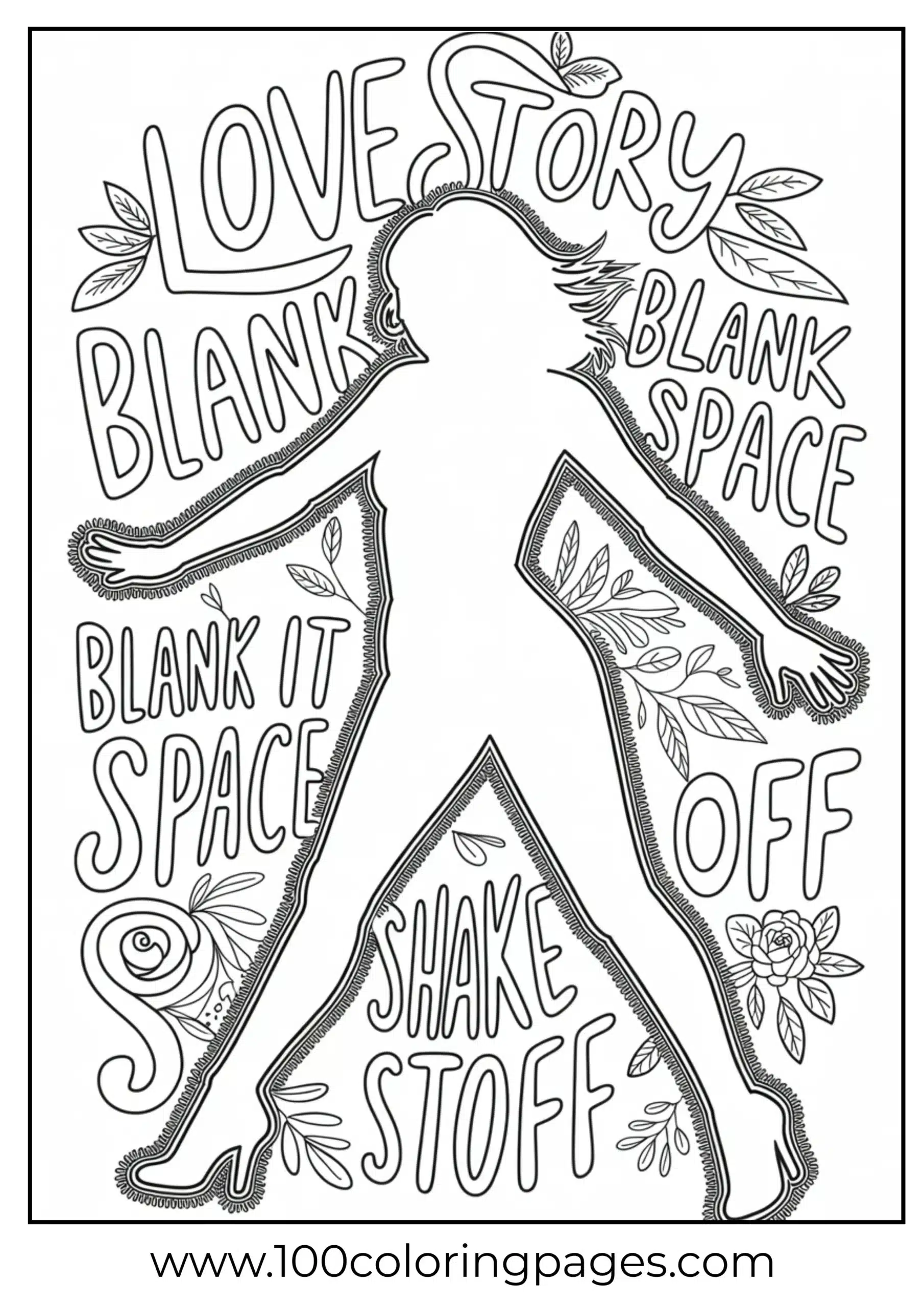 Taylor Swift silhouette with song title frame coloring page