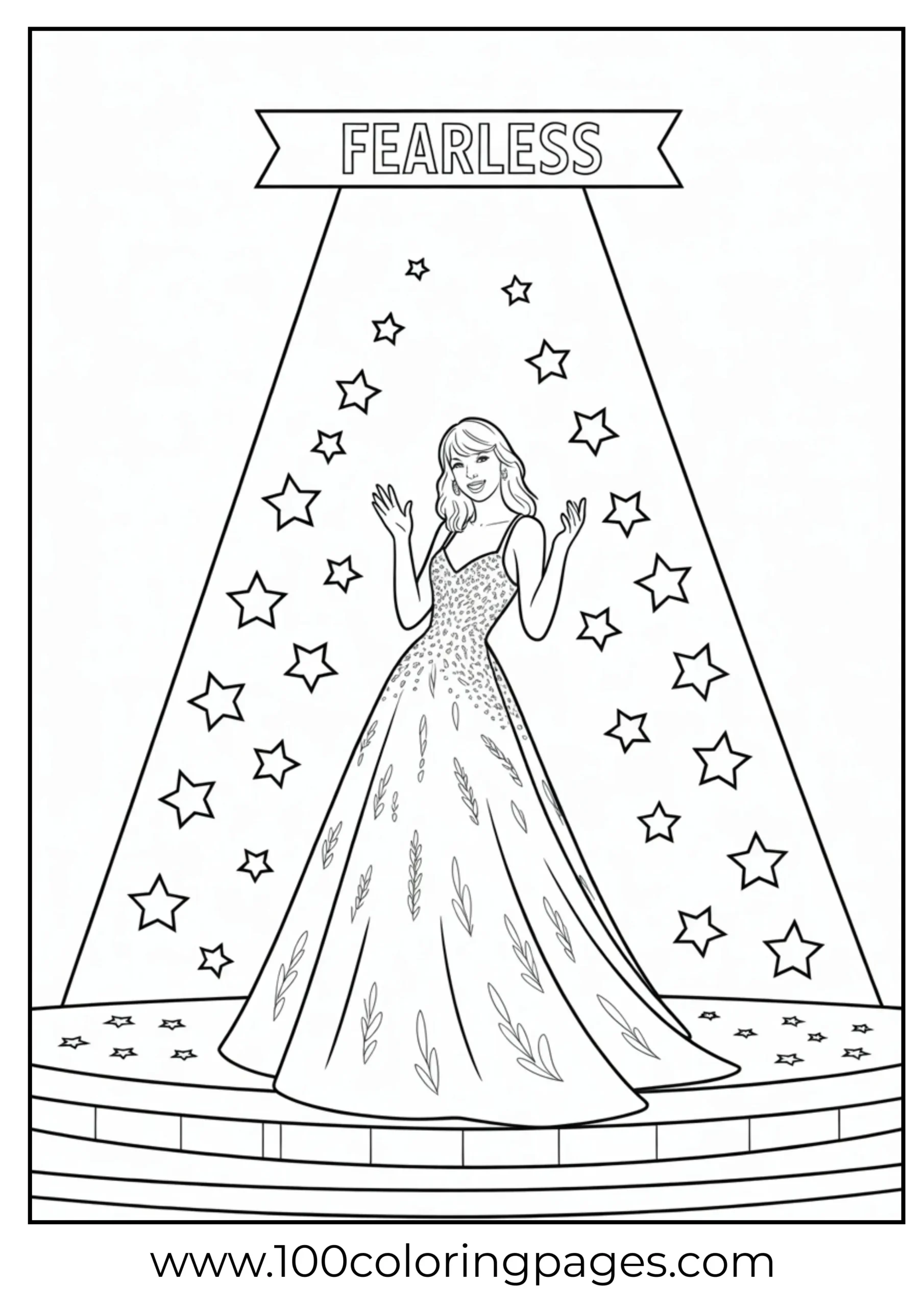 Taylor Swift under spotlight with stars coloring page