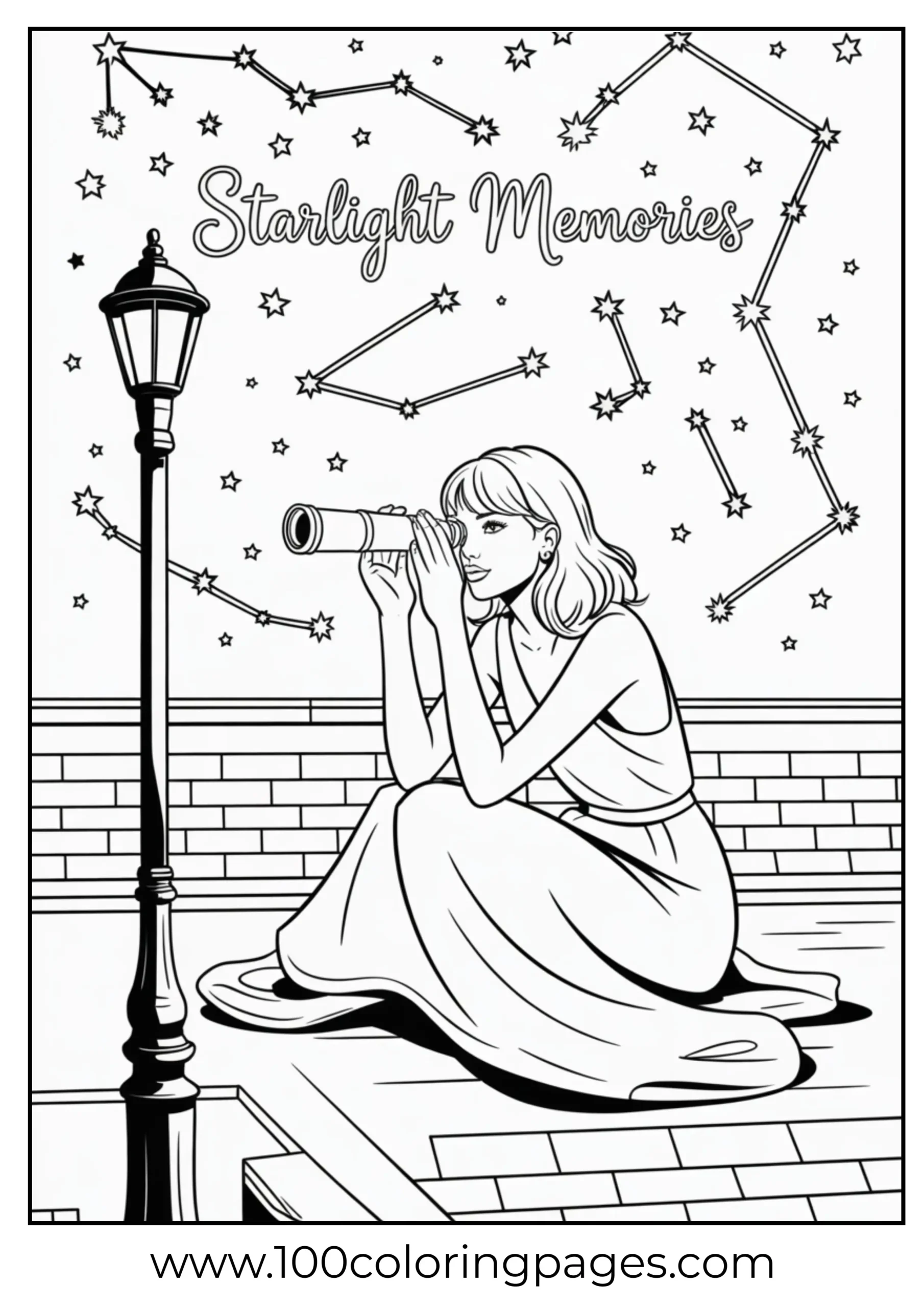 Taylor Swift using telescope under stars coloring page
