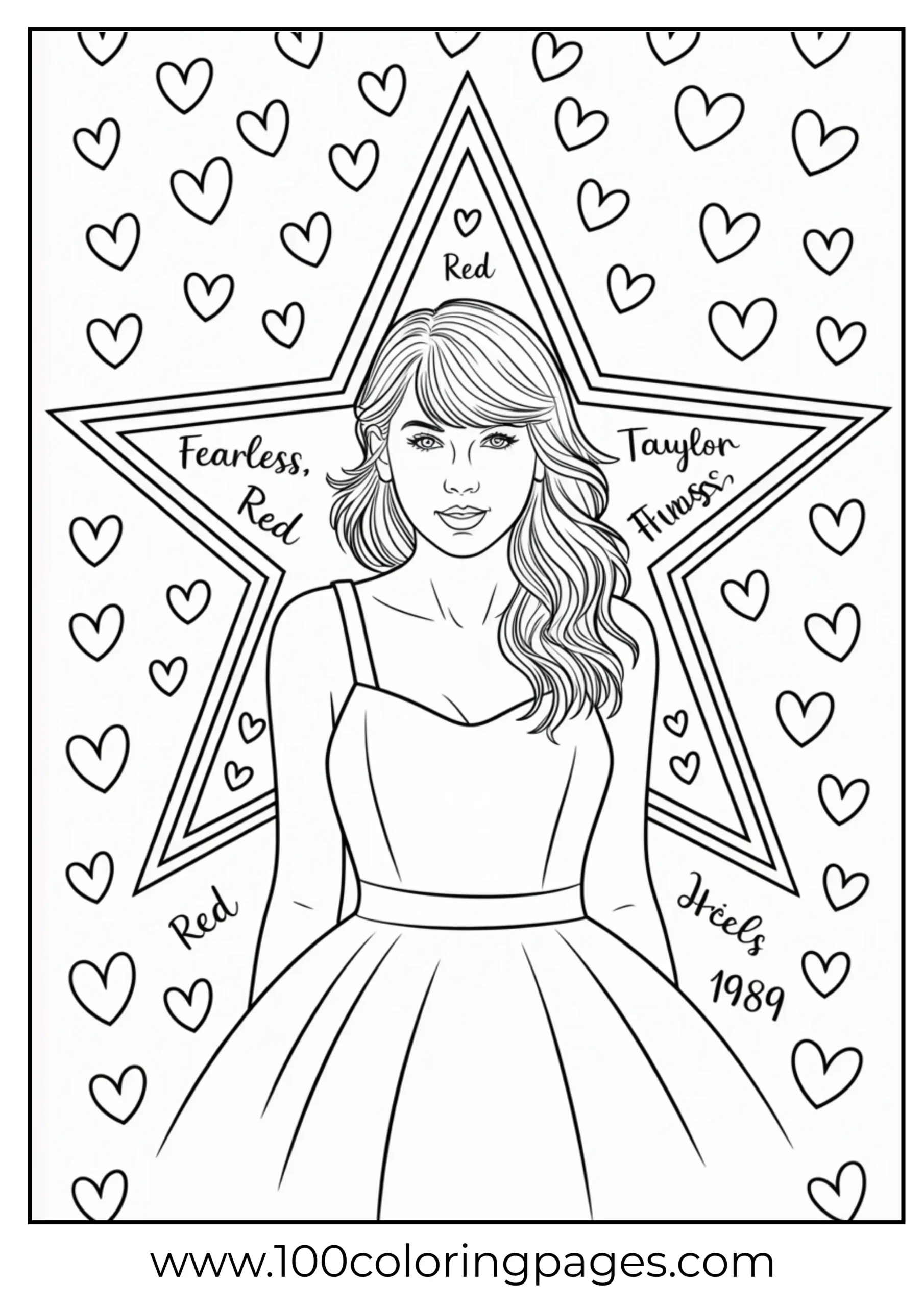 Taylor Swift inside star frame with lyrics coloring page