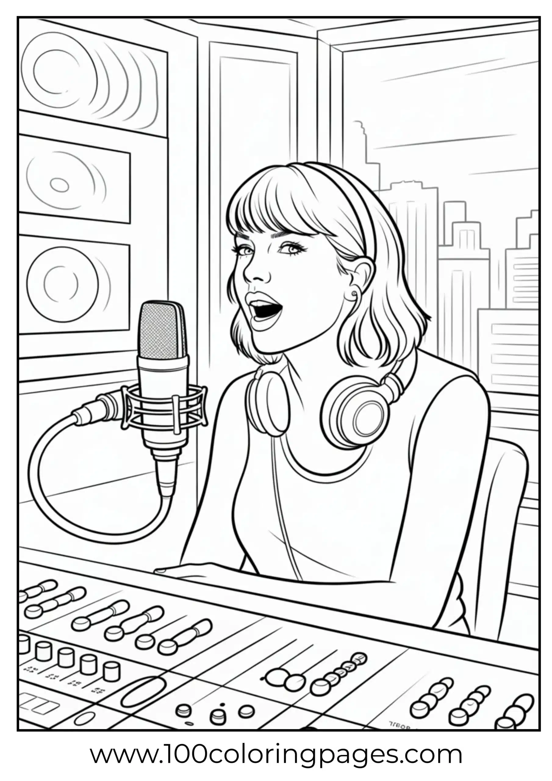 Taylor Swift in recording studio with mic coloring page