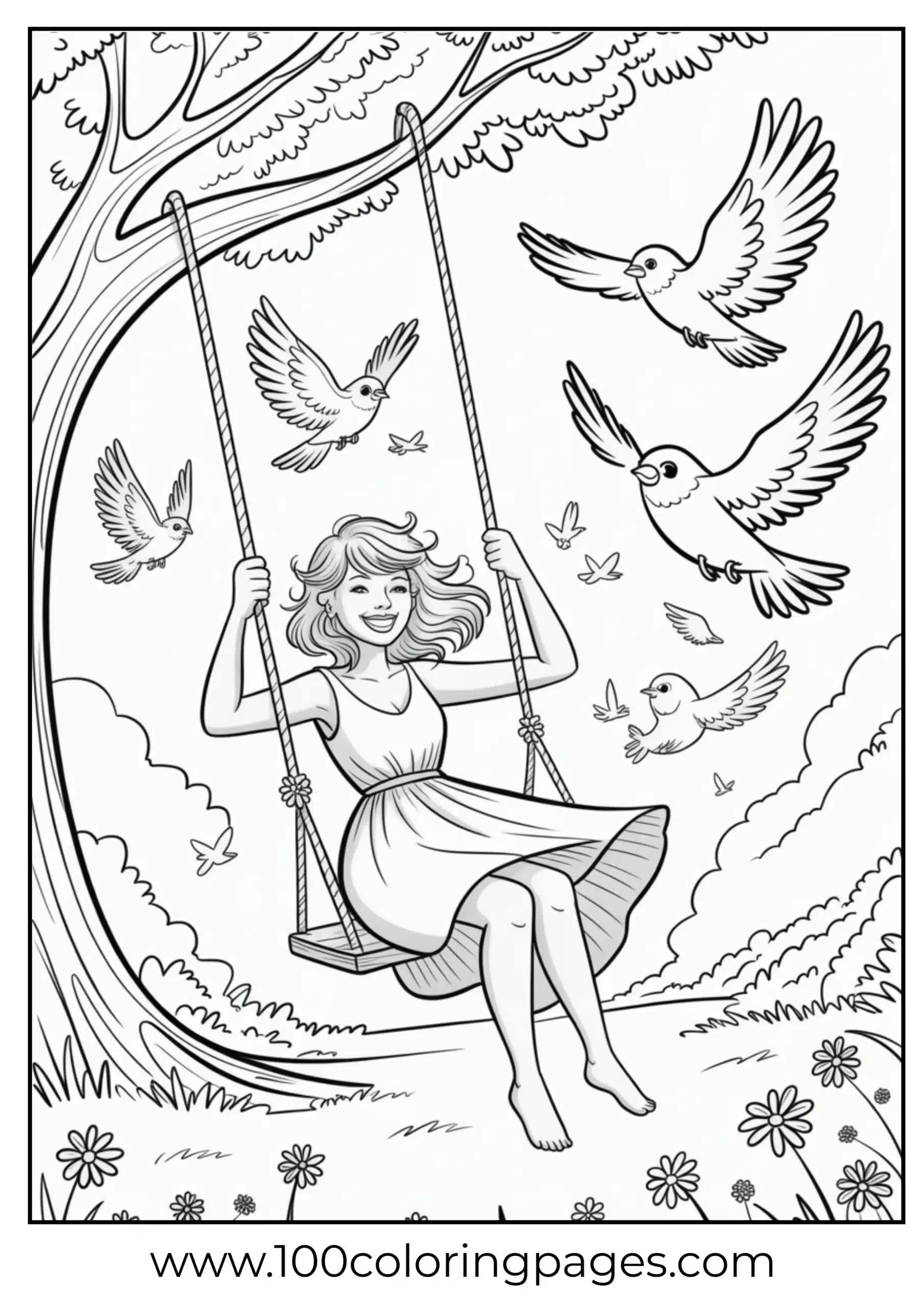 Taylor Swift on a tree swing with birds coloring page
