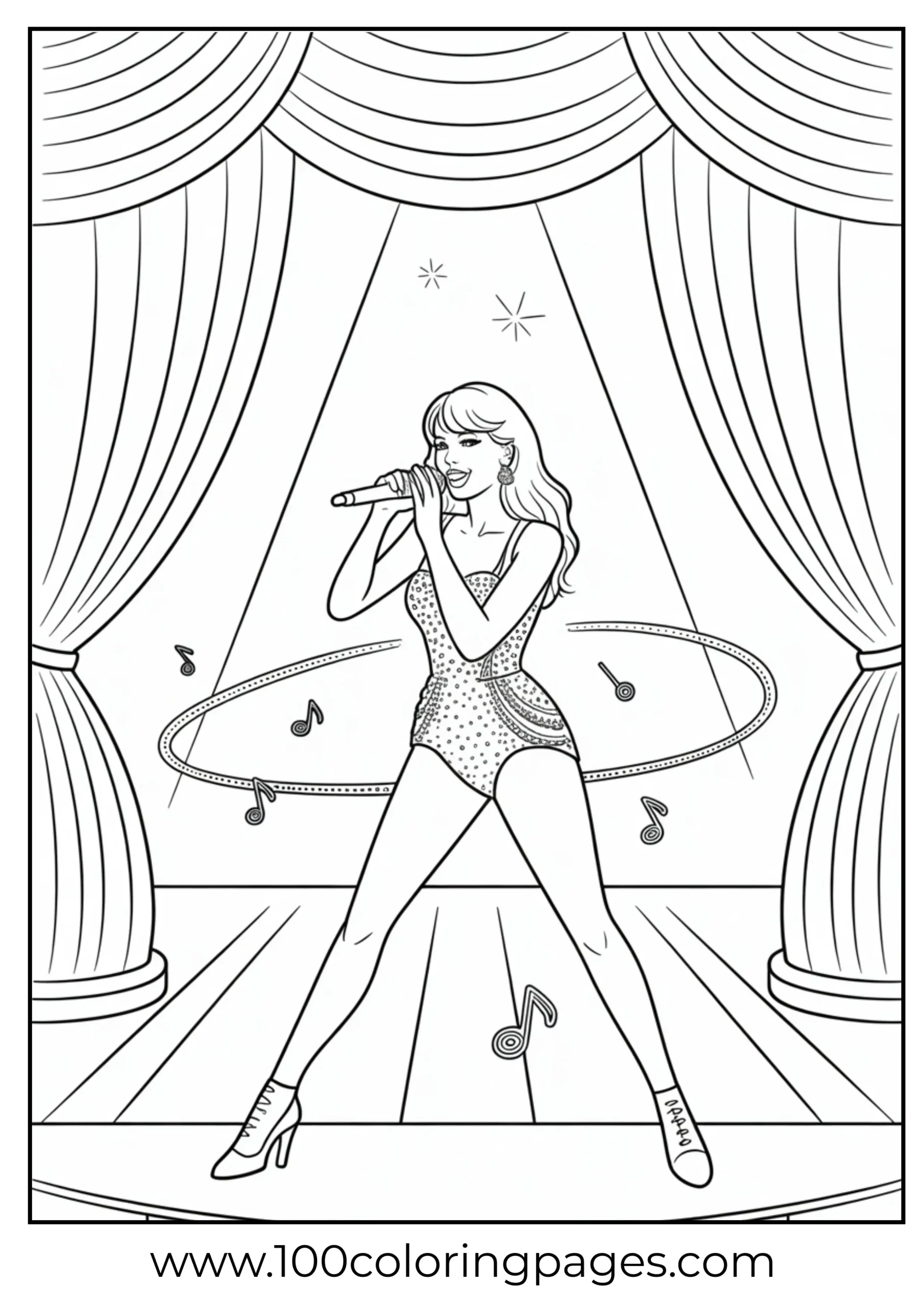 Taylor Swift on theater stage with spotlight coloring page