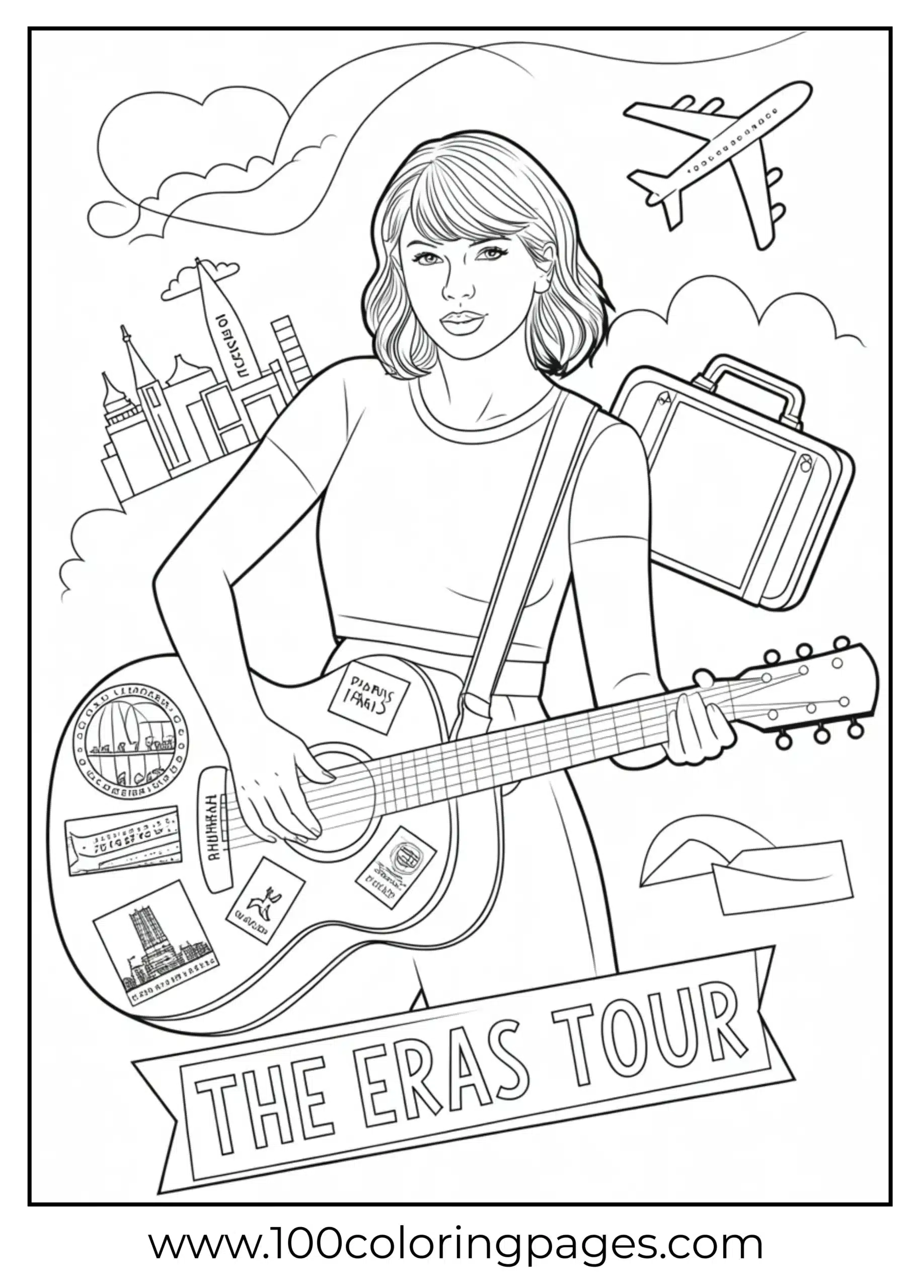 Taylor Swift traveling tour icons with guitar case coloring page