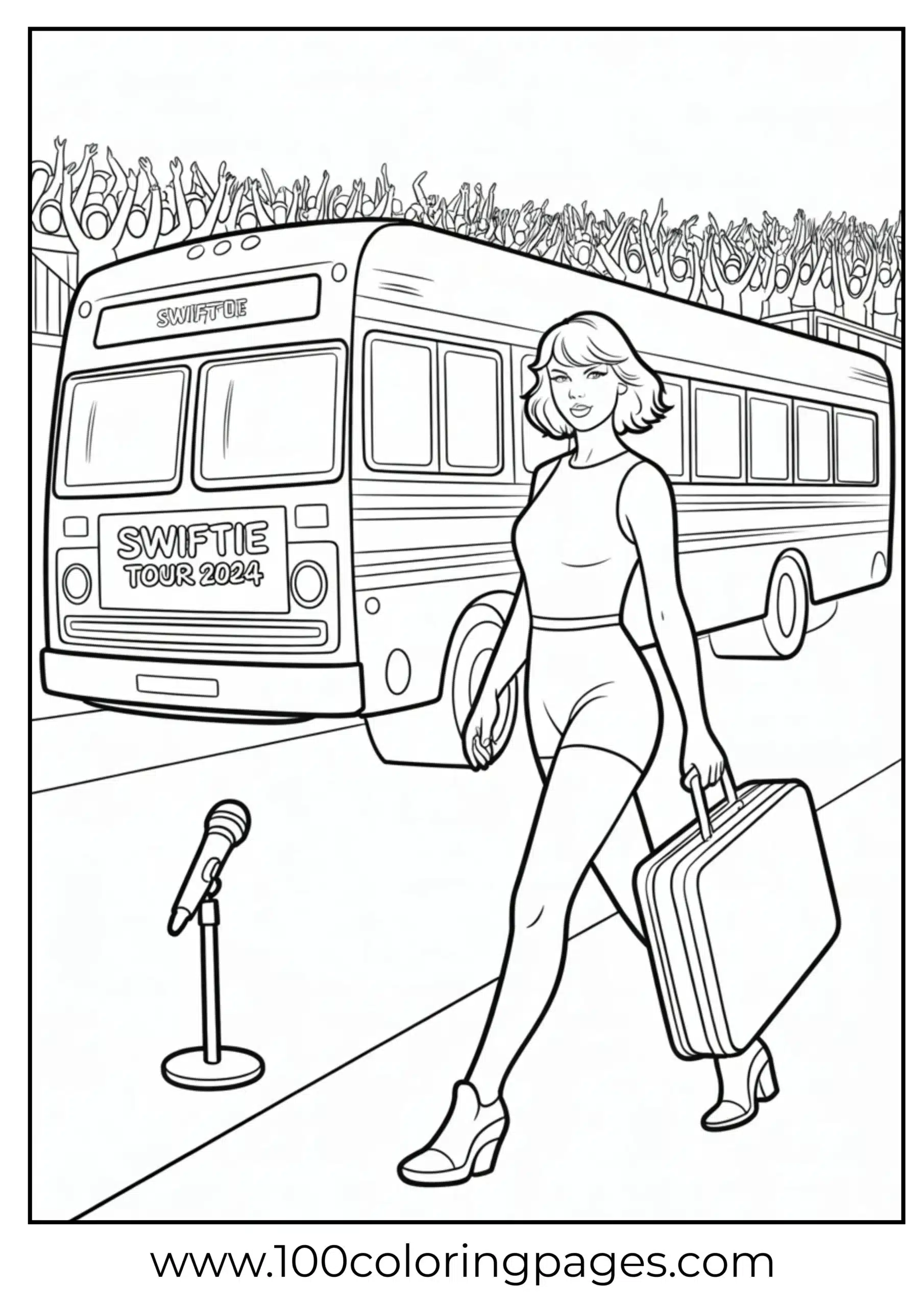 Taylor Swift with suitcase and bus in outline coloring page
