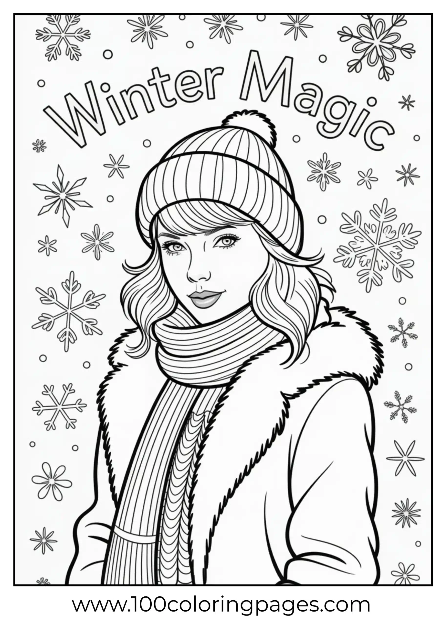 Taylor Swift in winter clothes with snowflake border