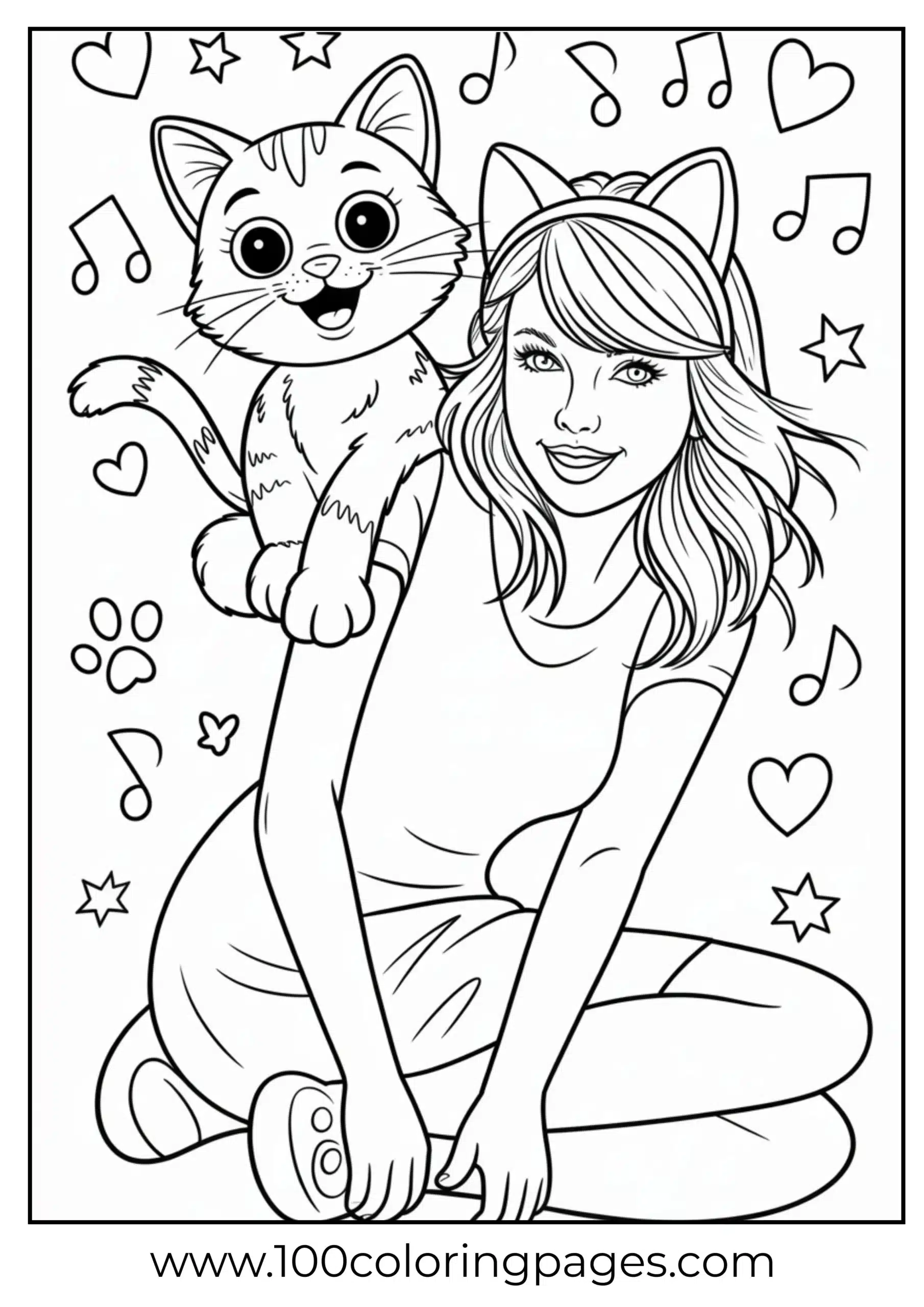 Taylor Swift in cat ears with cartoon kitty coloring page