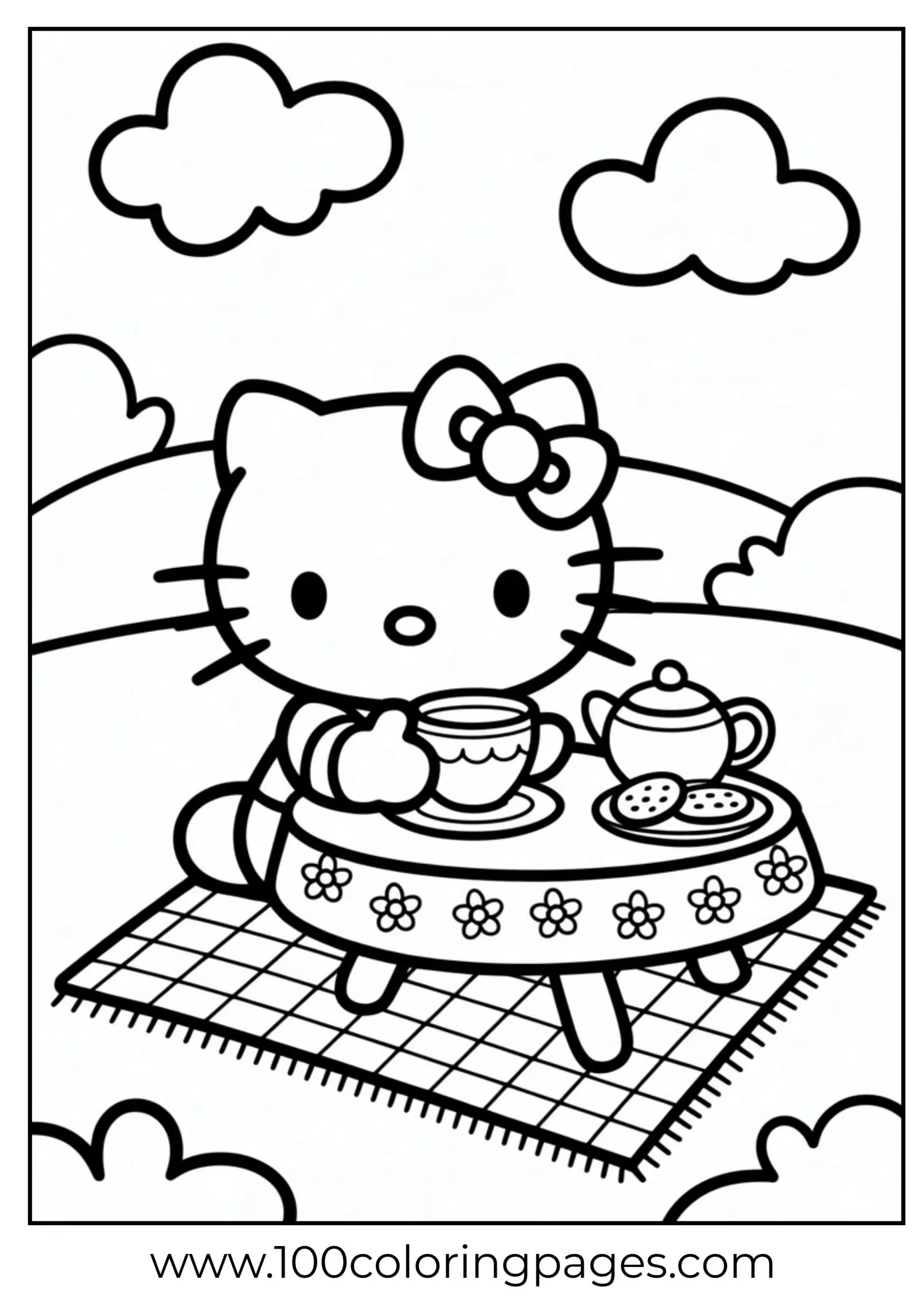 Hello Kitty having a tea party coloring page