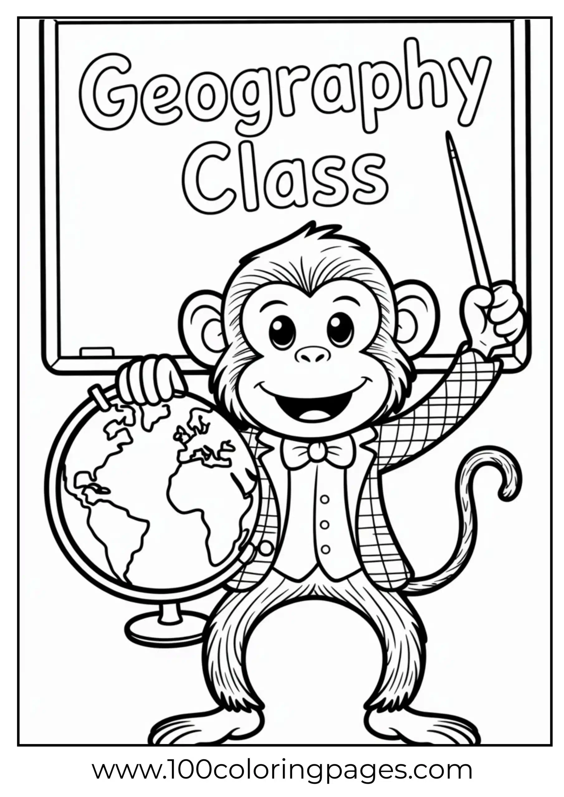 Monkey teaching geography coloring page