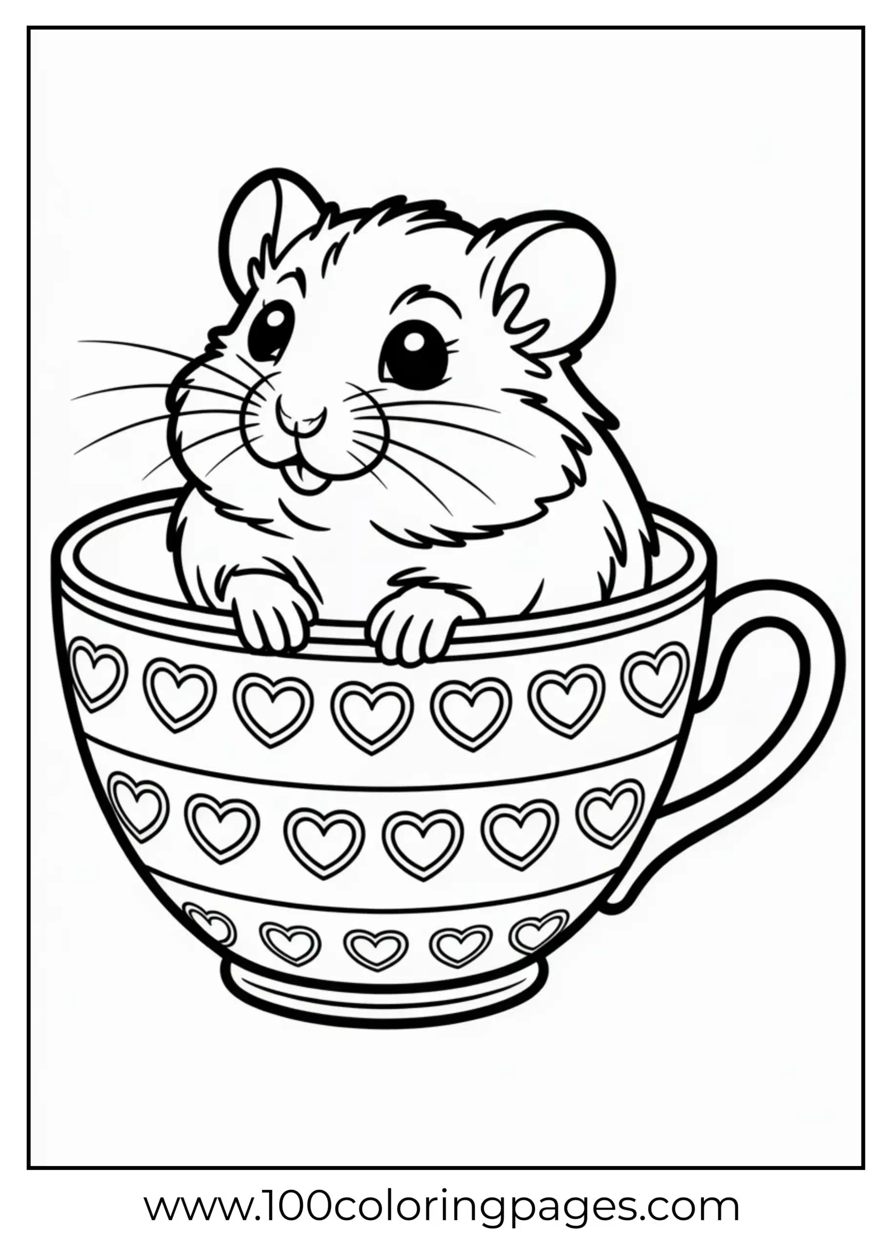 Cute hamster peeking from teacup coloring page