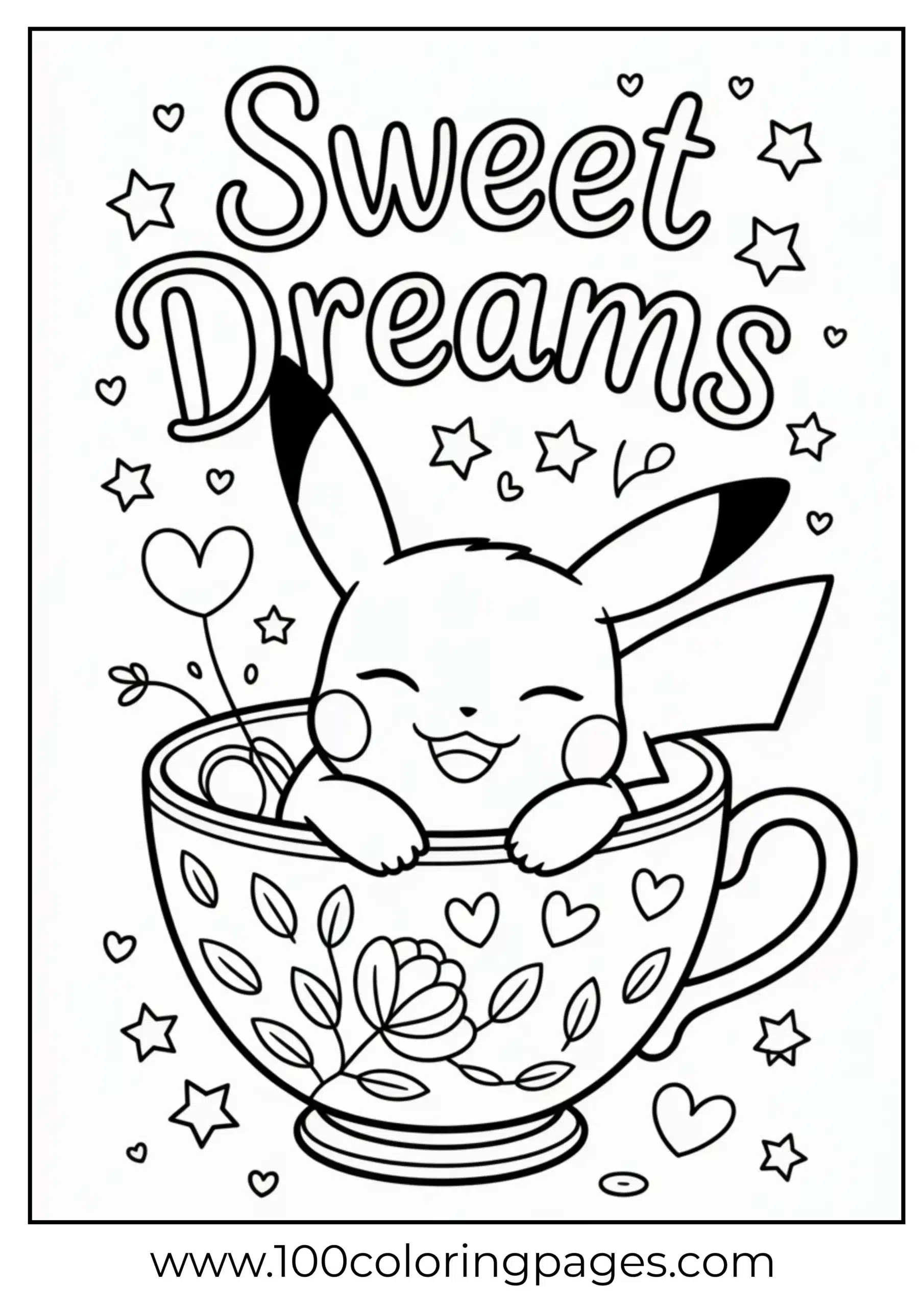 Pikachu curled in teacup, relaxed