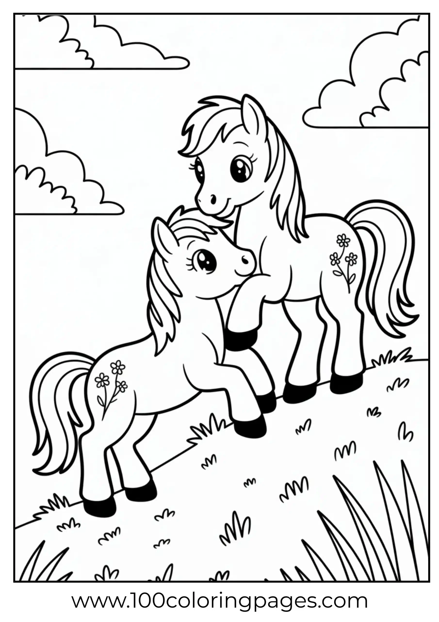 Two ponies helping each other climb hill