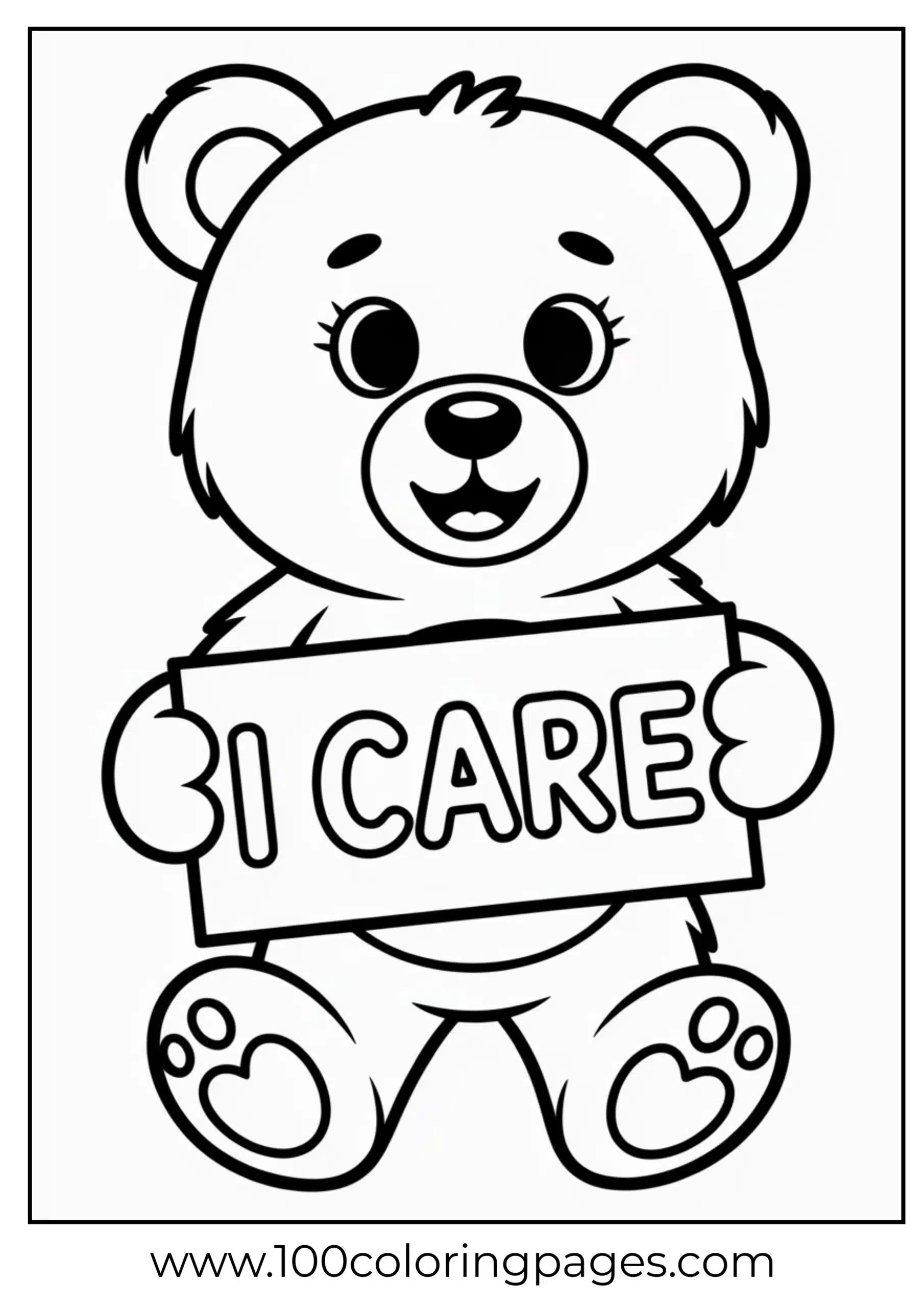 Tenderheart Bear holding a caring message coloring page